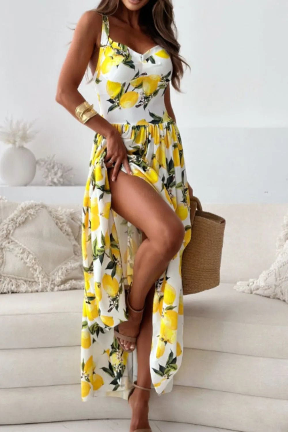 Lemon Print Sweetheart Neck Maxi Dress - MAD RUFFI