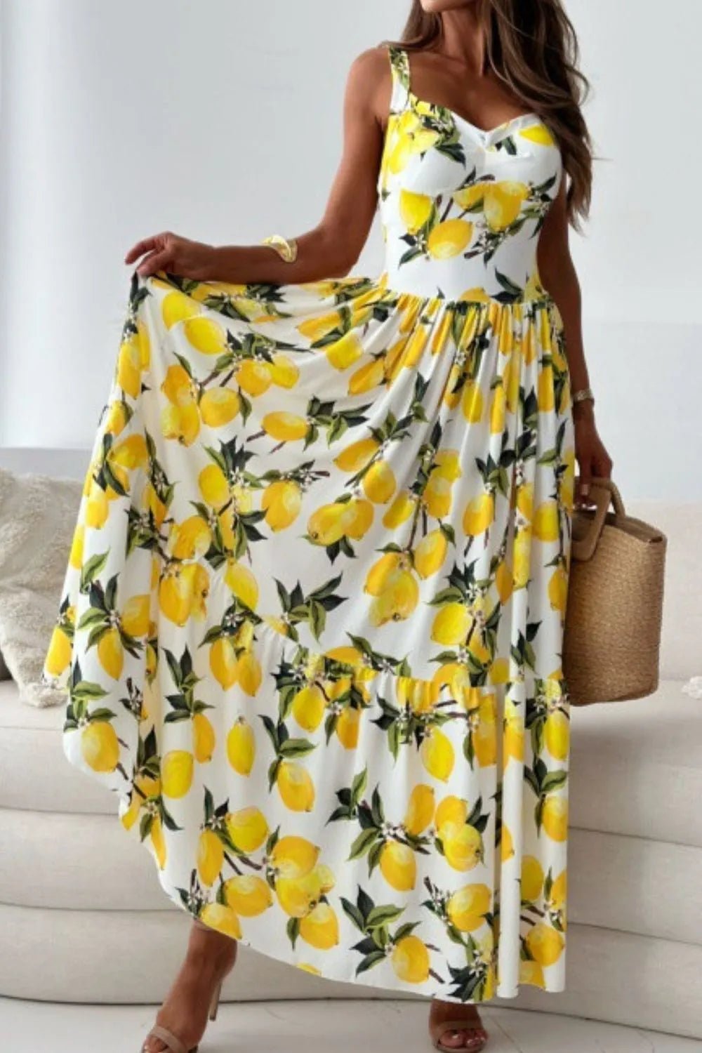 Lemon Print Sweetheart Neck Maxi Dress - MAD RUFFI