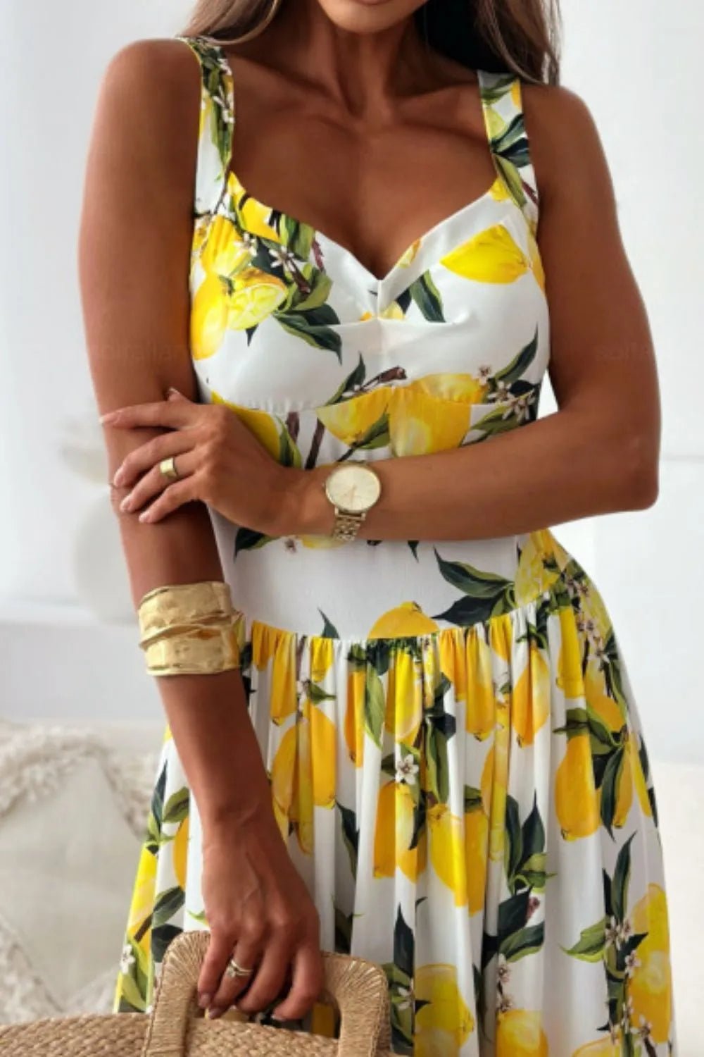 Lemon Print Sweetheart Neck Maxi Dress - MAD RUFFI
