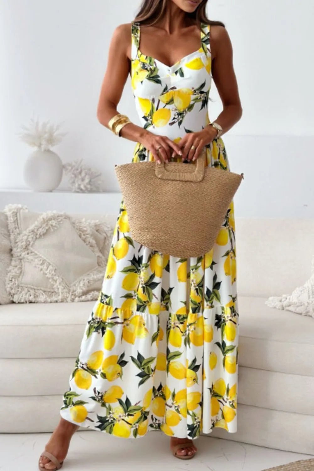 Lemon Print Sweetheart Neck Maxi Dress - MAD RUFFI