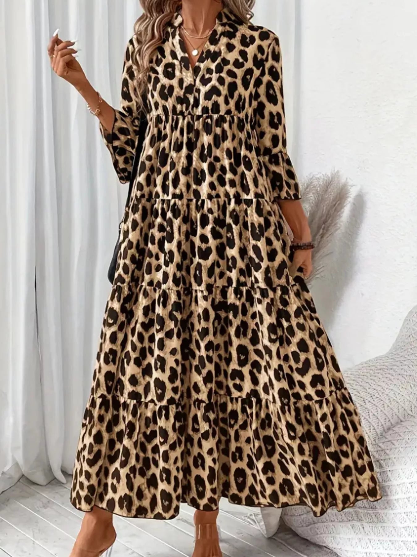 Leopard 3/4 Sleeve Midi Dress - MAD RUFFI