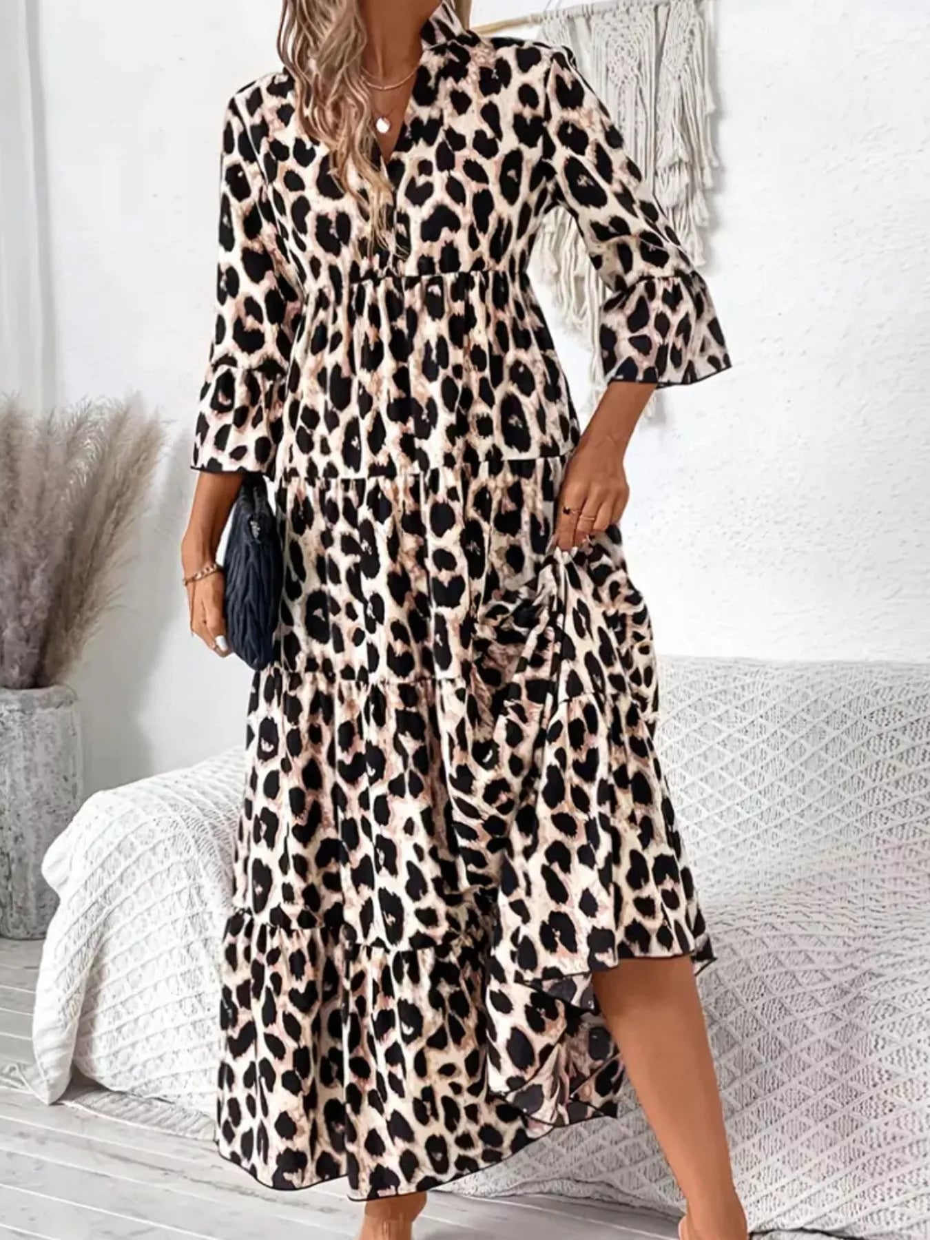Leopard 3/4 Sleeve Midi Dress - MAD RUFFI