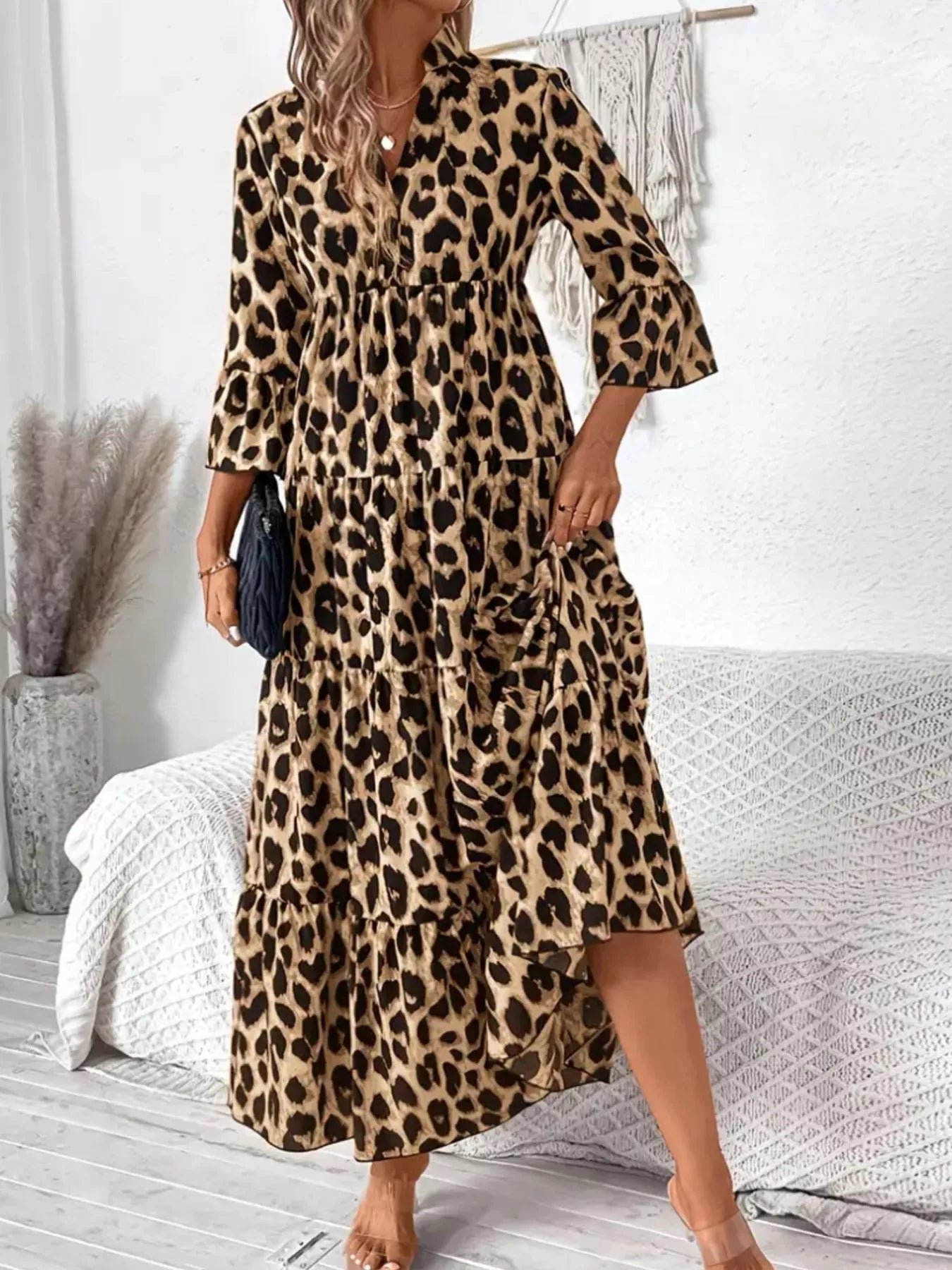 Leopard 3/4 Sleeve Midi Dress - MAD RUFFI