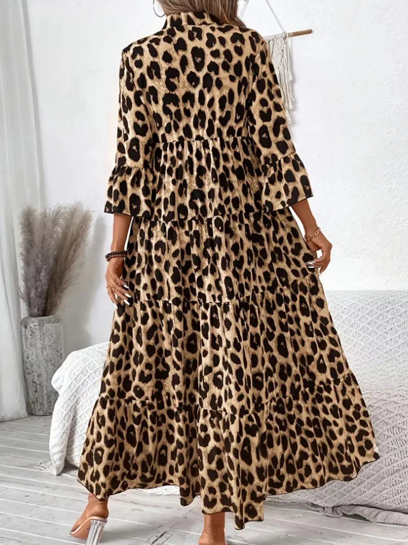 Leopard 3/4 Sleeve Midi Dress - MAD RUFFI