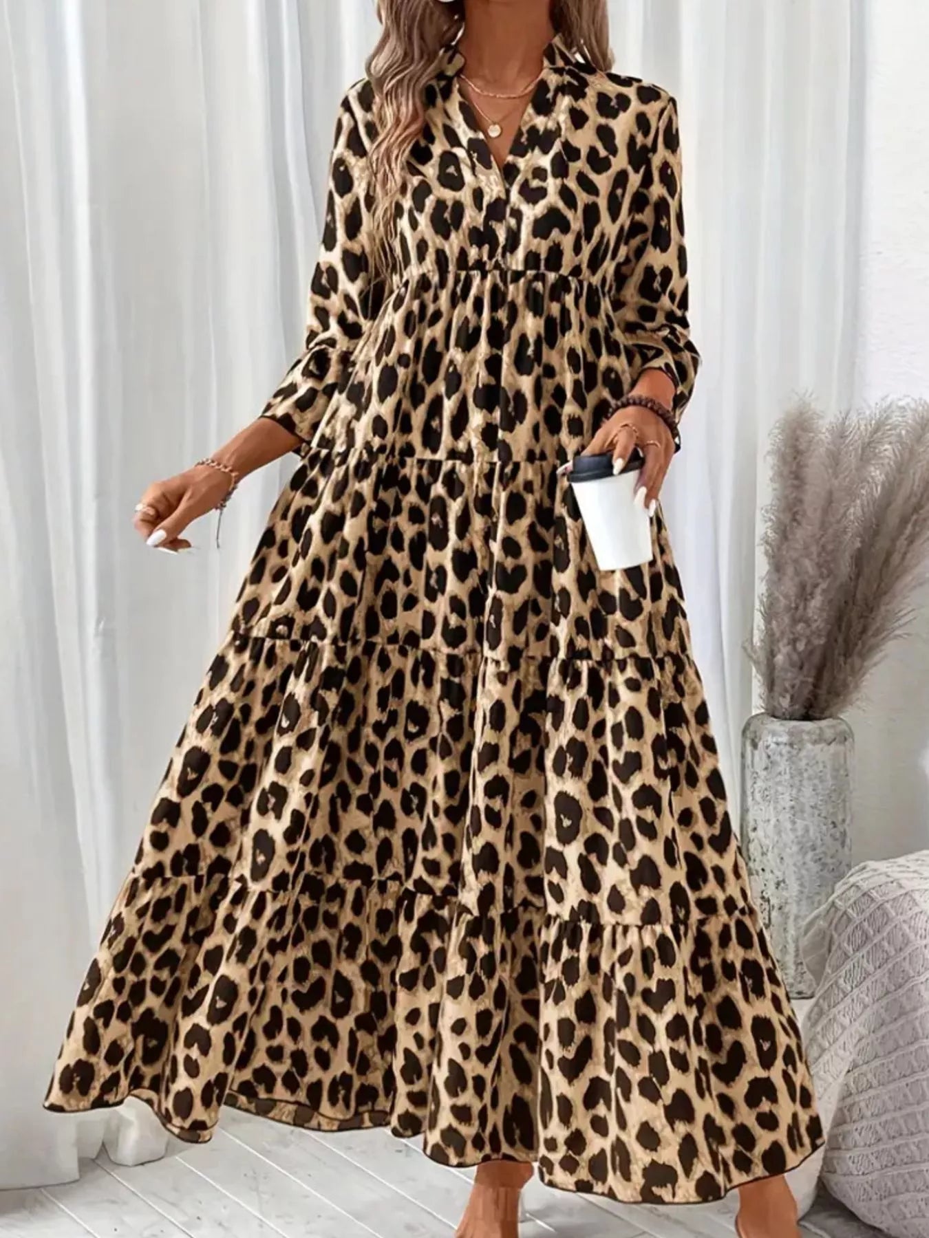 Leopard 3/4 Sleeve Midi Dress - MAD RUFFI