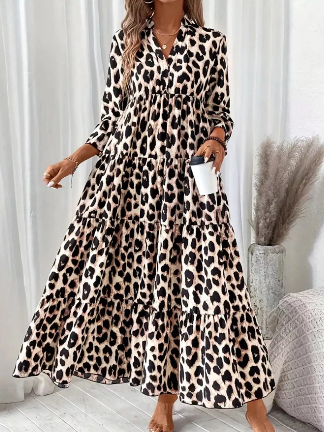 Leopard 3/4 Sleeve Midi Dress - MAD RUFFI