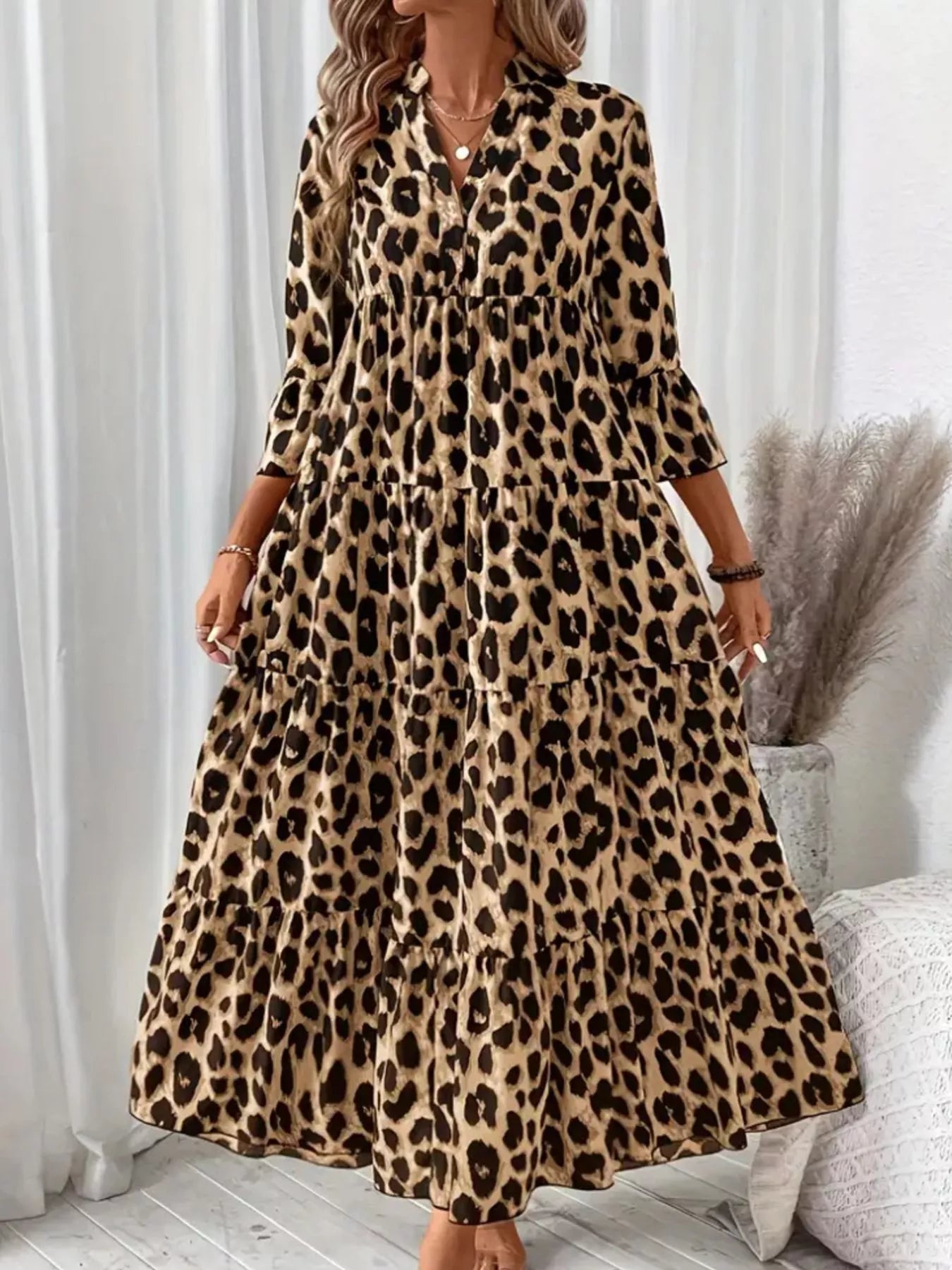 Leopard 3/4 Sleeve Midi Dress - MAD RUFFI