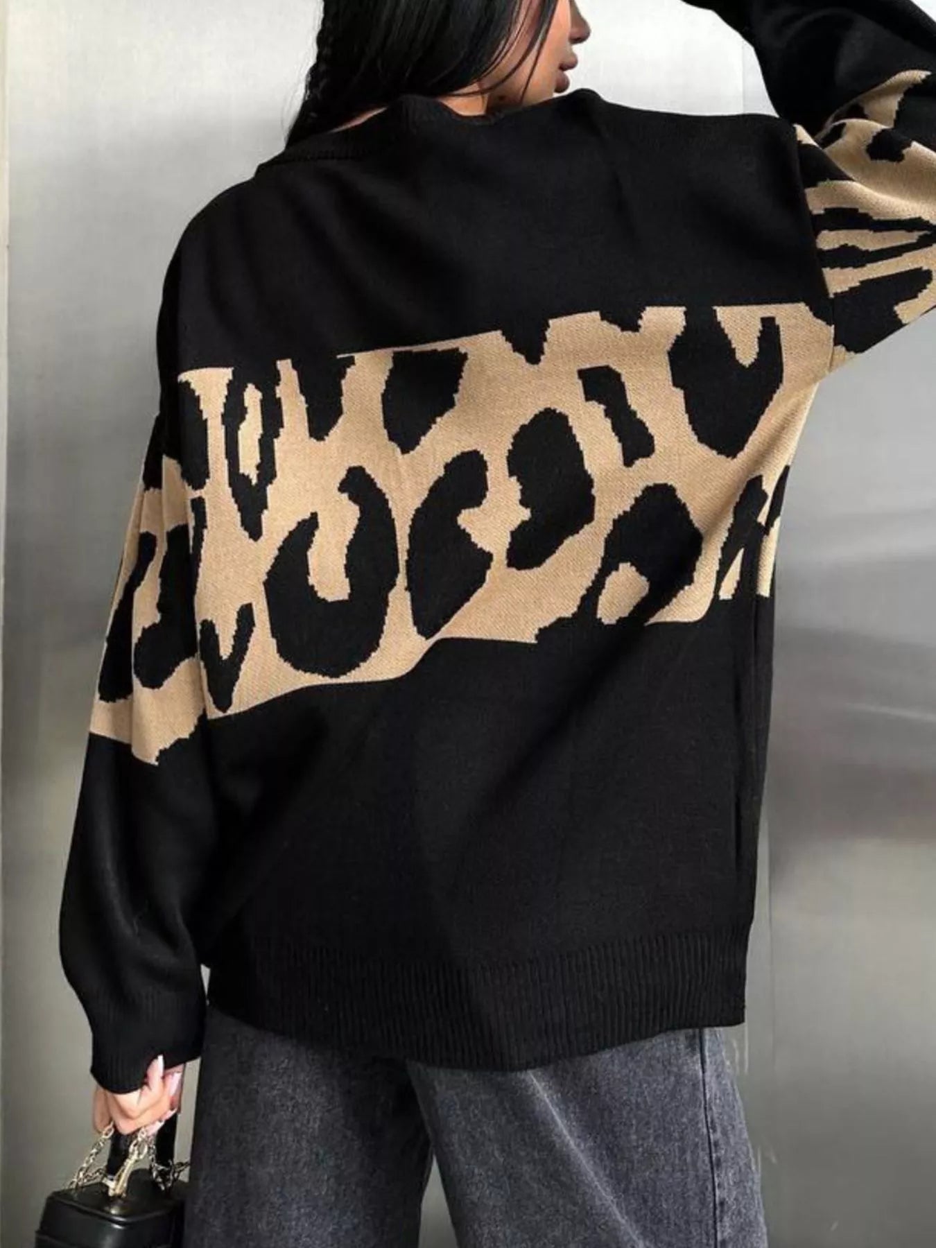 Leopard Color Block Round Neck Sweater - MAD RUFFI