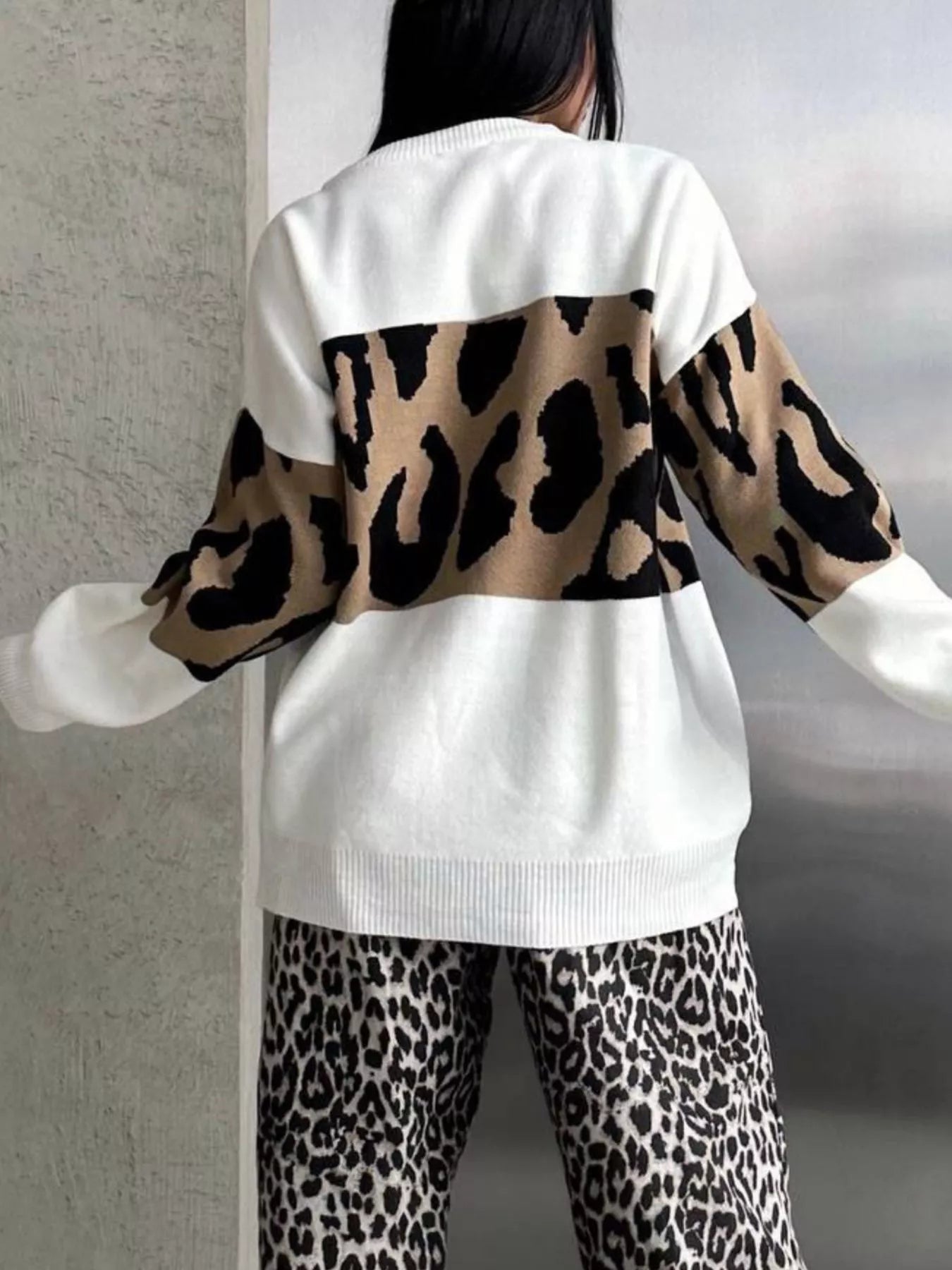 Leopard Color Block Round Neck Sweater - MAD RUFFI