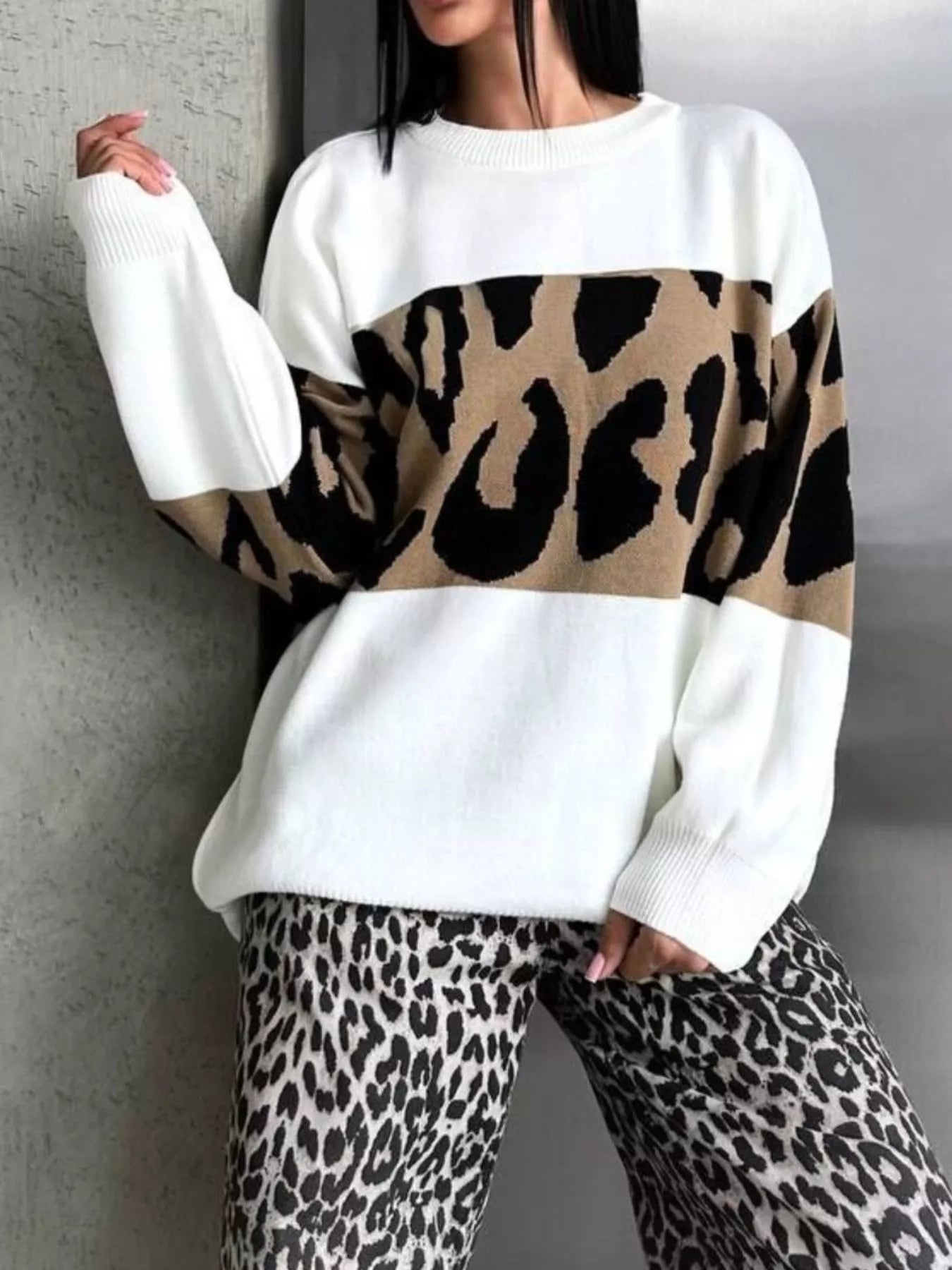 Leopard Color Block Round Neck Sweater - MAD RUFFI