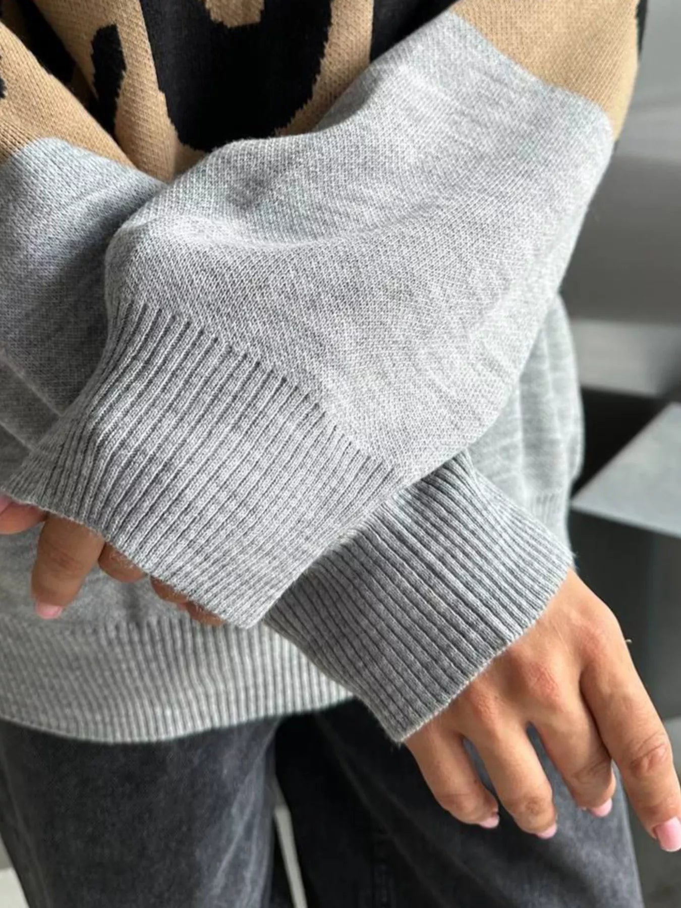 Leopard Color Block Round Neck Sweater - MAD RUFFI