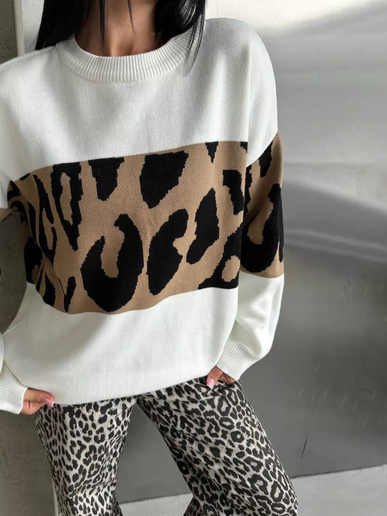 Leopard Color Block Round Neck Sweater - MAD RUFFI