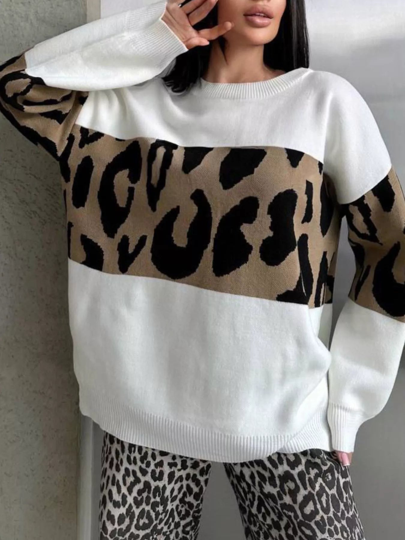 Leopard Color Block Round Neck Sweater - MAD RUFFI