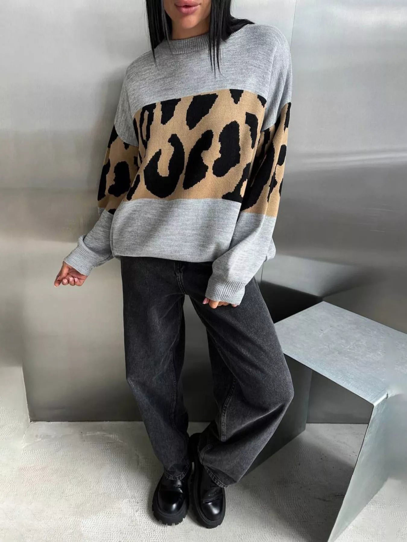 Leopard Color Block Round Neck Sweater - MAD RUFFI