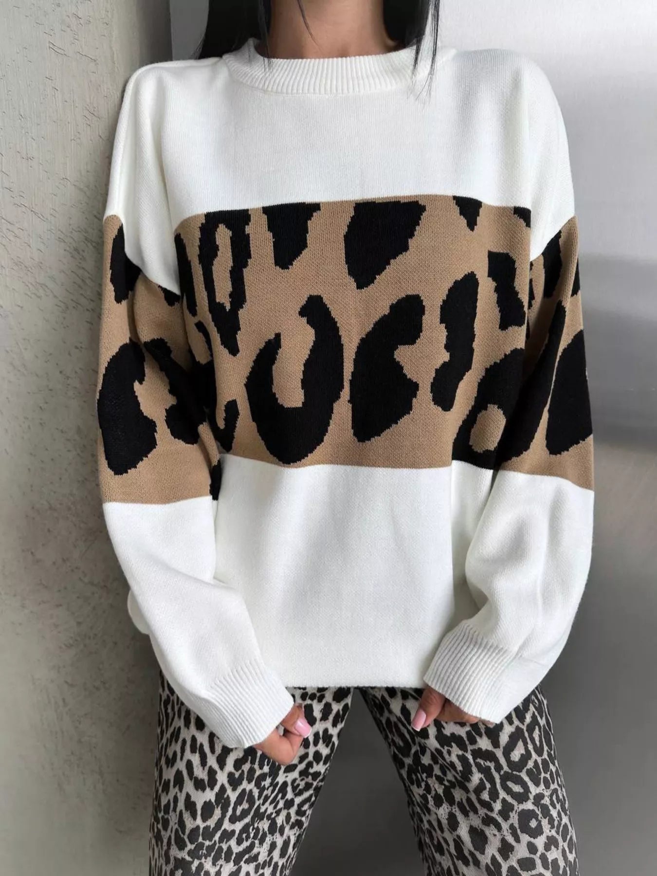 Leopard Color Block Round Neck Sweater - MAD RUFFI