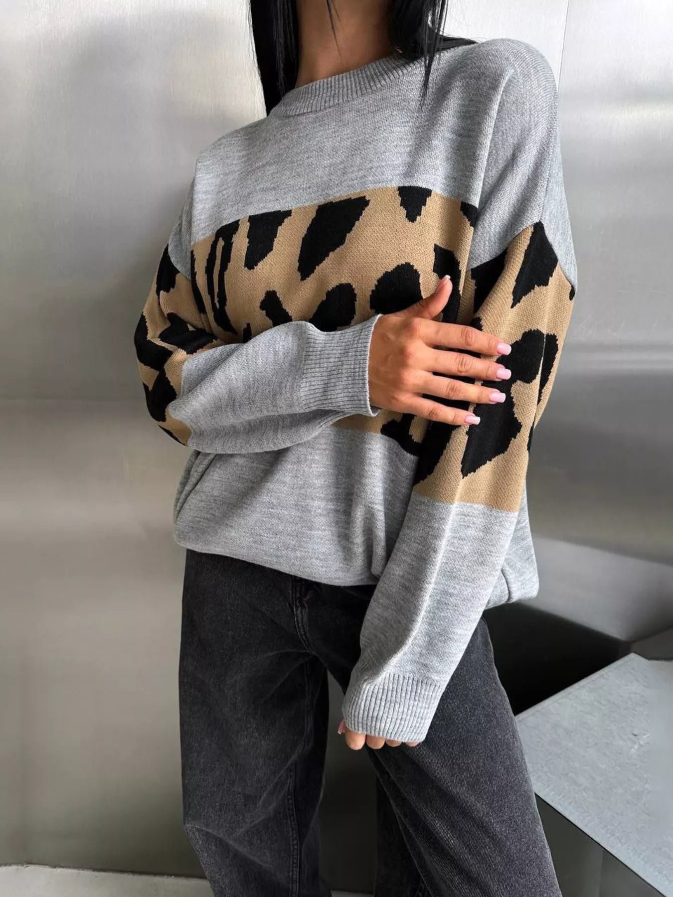Leopard Color Block Round Neck Sweater - MAD RUFFI