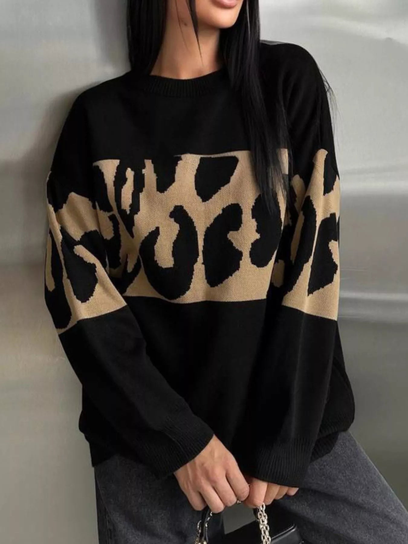 Leopard Color Block Round Neck Sweater - MAD RUFFI