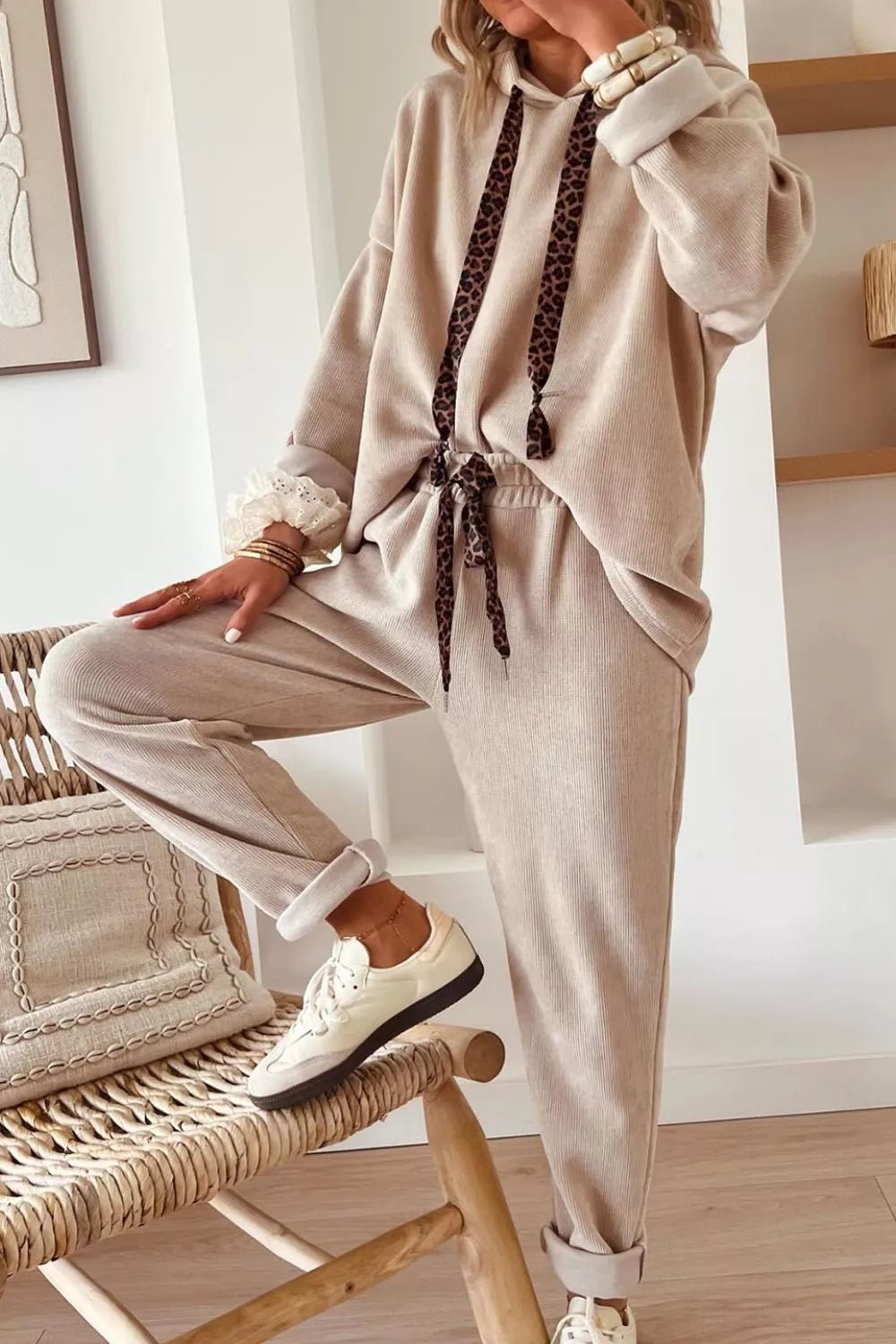 Leopard Drawstring Hoodie and Pants Set - MAD RUFFI