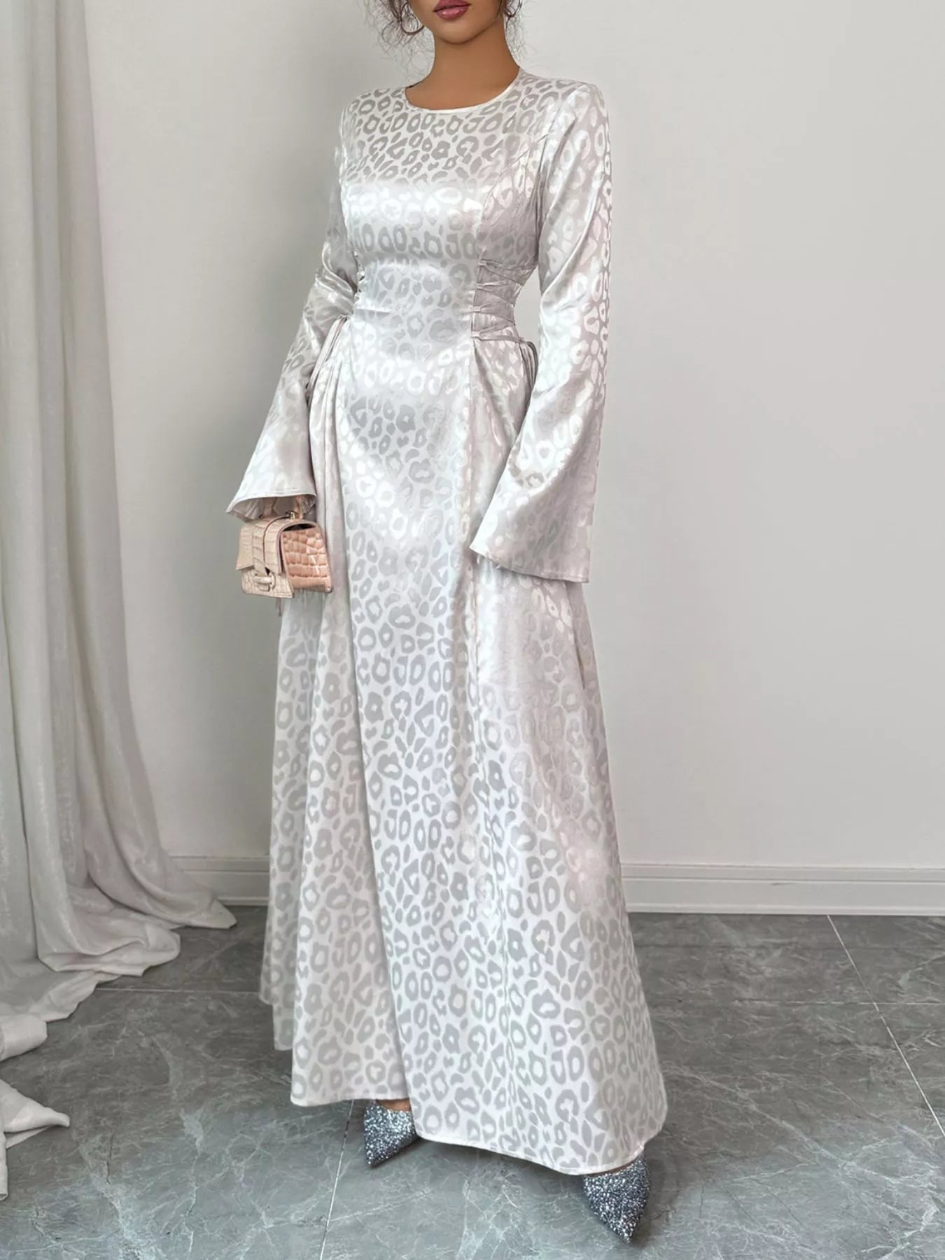 Leopard Lace Up Long Sleeve Maxi Dress - MAD RUFFI