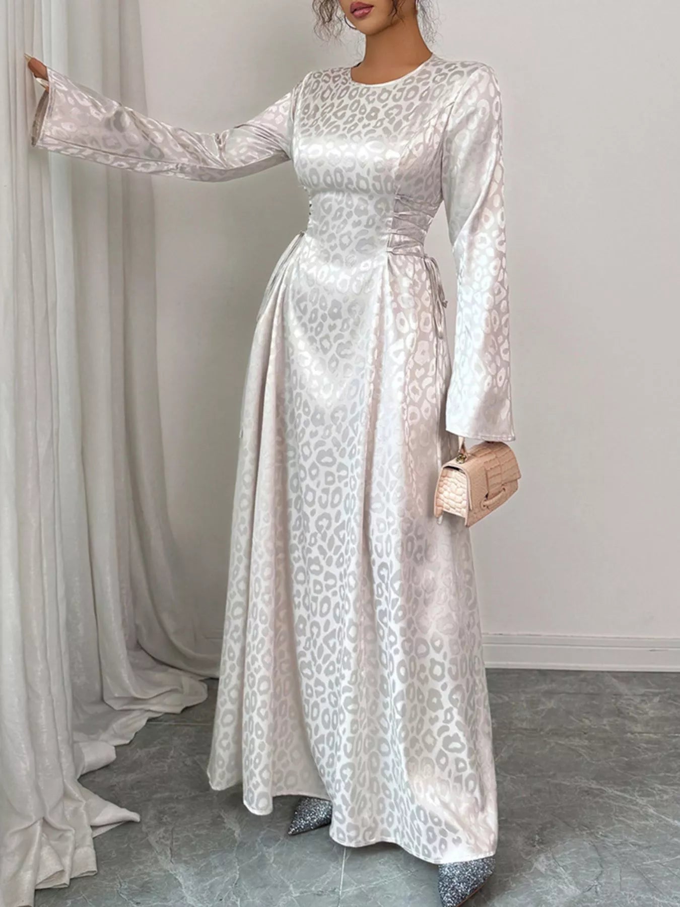 Leopard Lace Up Long Sleeve Maxi Dress - MAD RUFFI