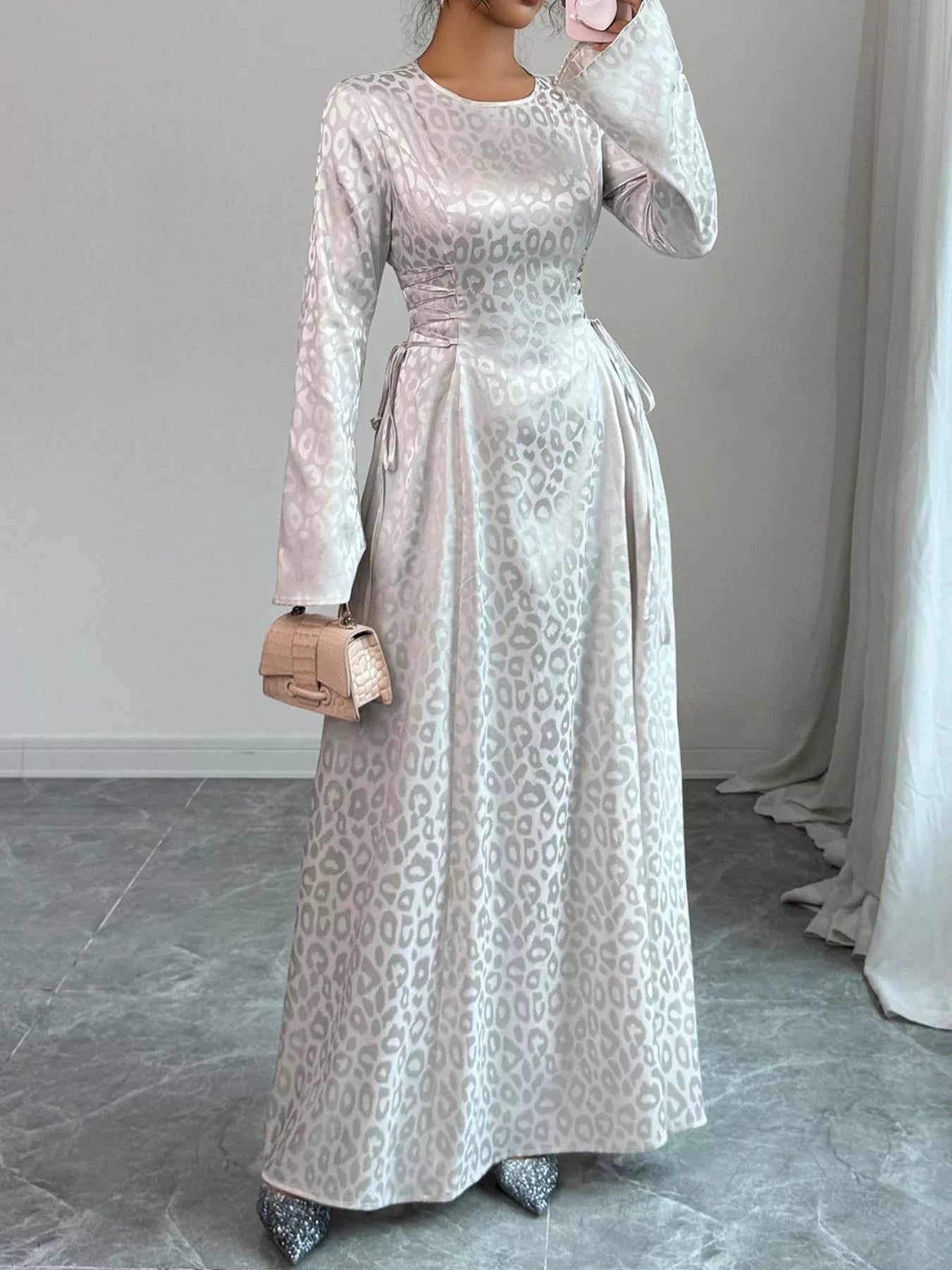 Leopard Lace Up Long Sleeve Maxi Dress - MAD RUFFI