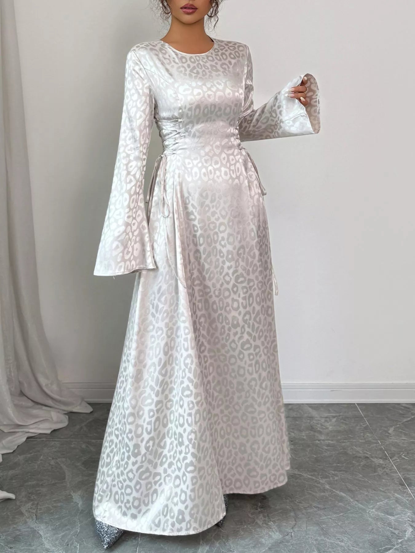 Leopard Lace Up Long Sleeve Maxi Dress - MAD RUFFI