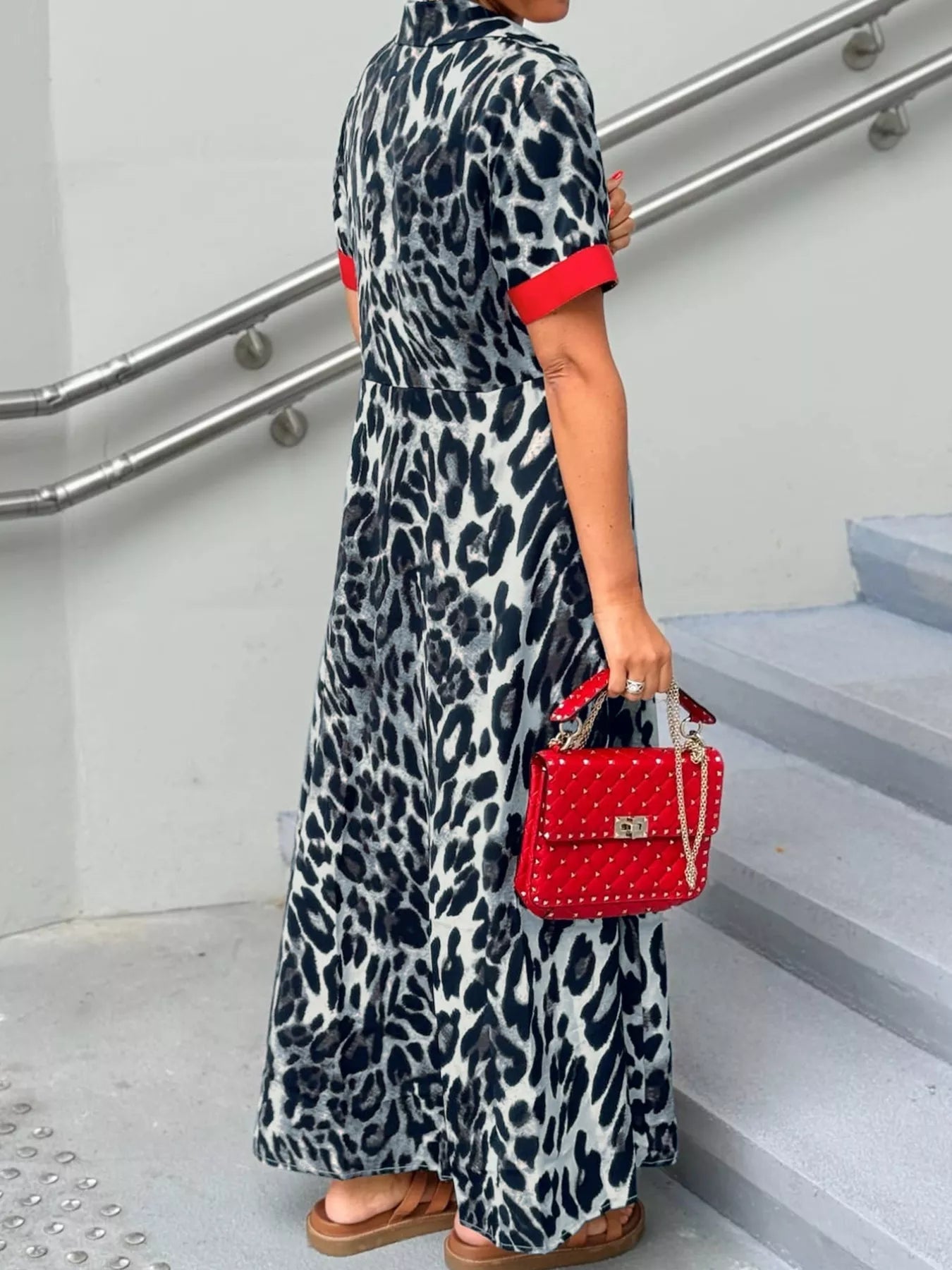 Leopard Print Button - Down Dress with Contrast Trim - MAD RUFFI