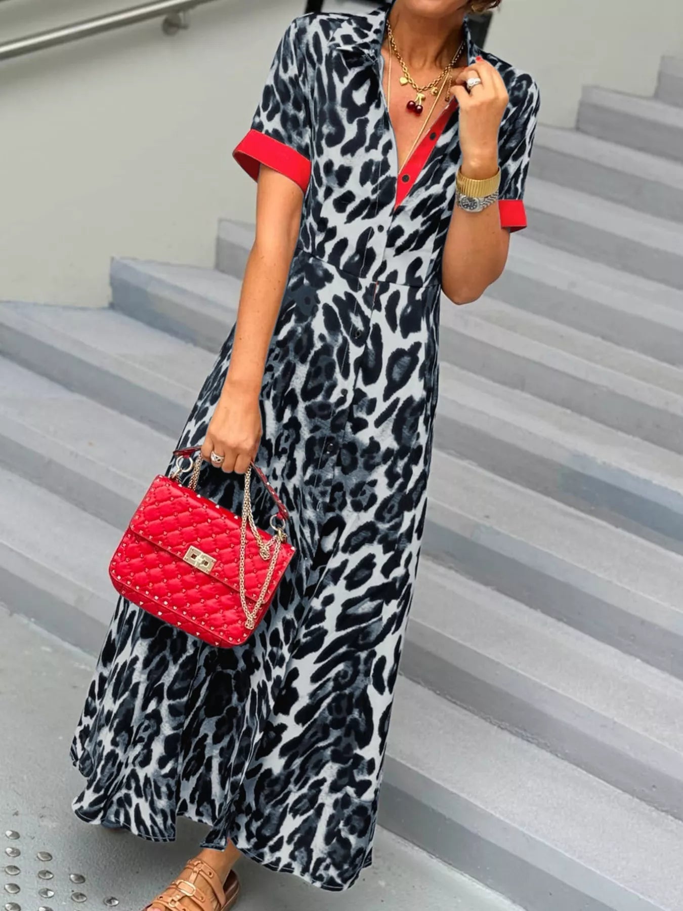 Leopard Print Button - Down Dress with Contrast Trim - MAD RUFFI