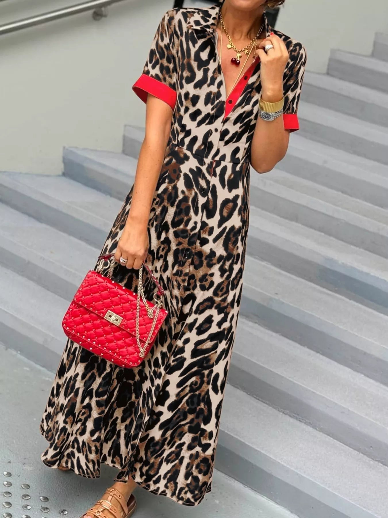 Leopard Print Button - Down Dress with Contrast Trim - MAD RUFFI