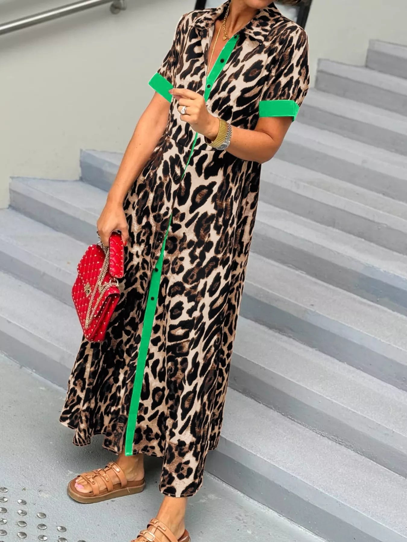 Leopard Print Button - Down Dress with Contrast Trim - MAD RUFFI