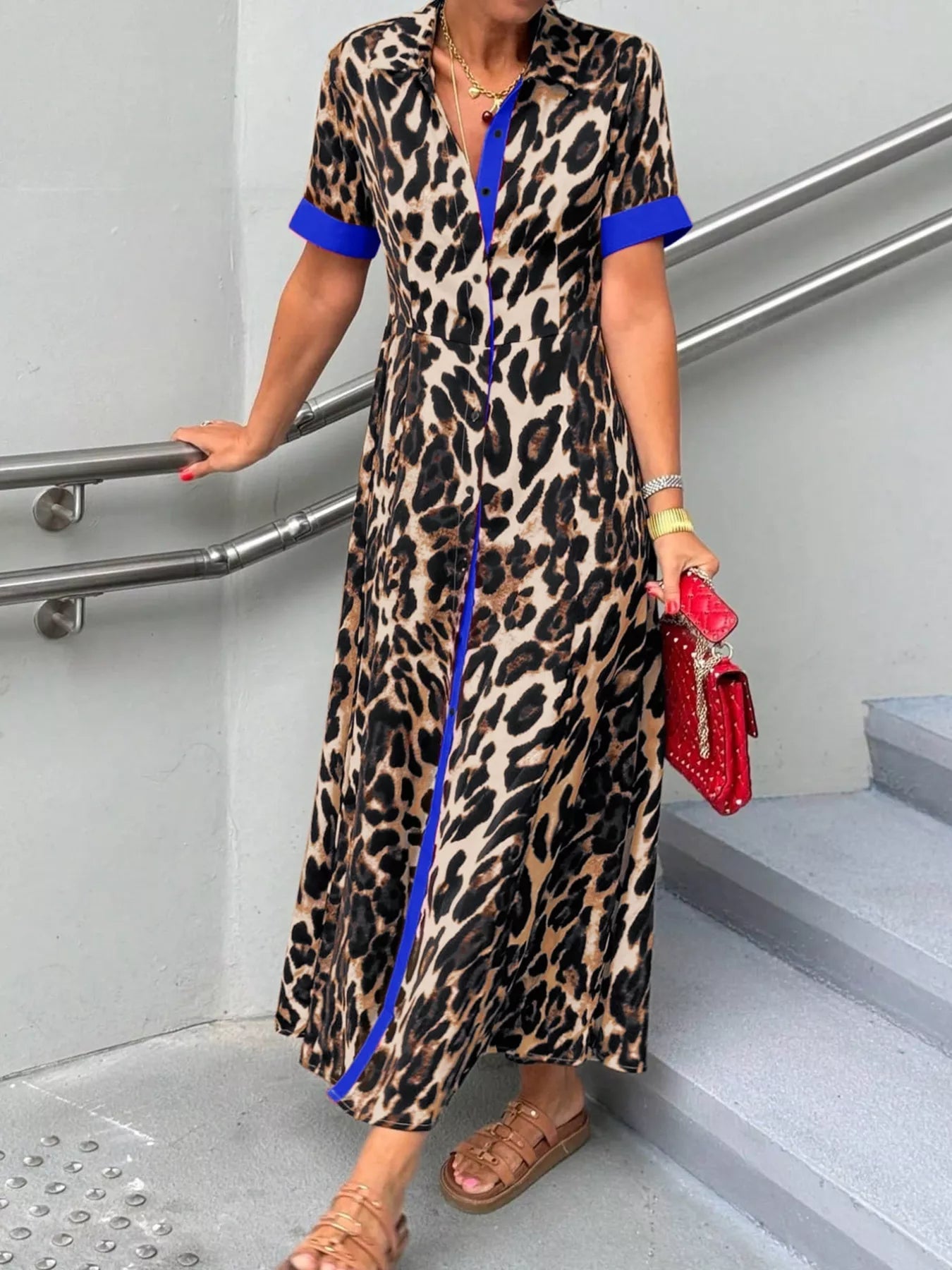 Leopard Print Button - Down Dress with Contrast Trim - MAD RUFFI