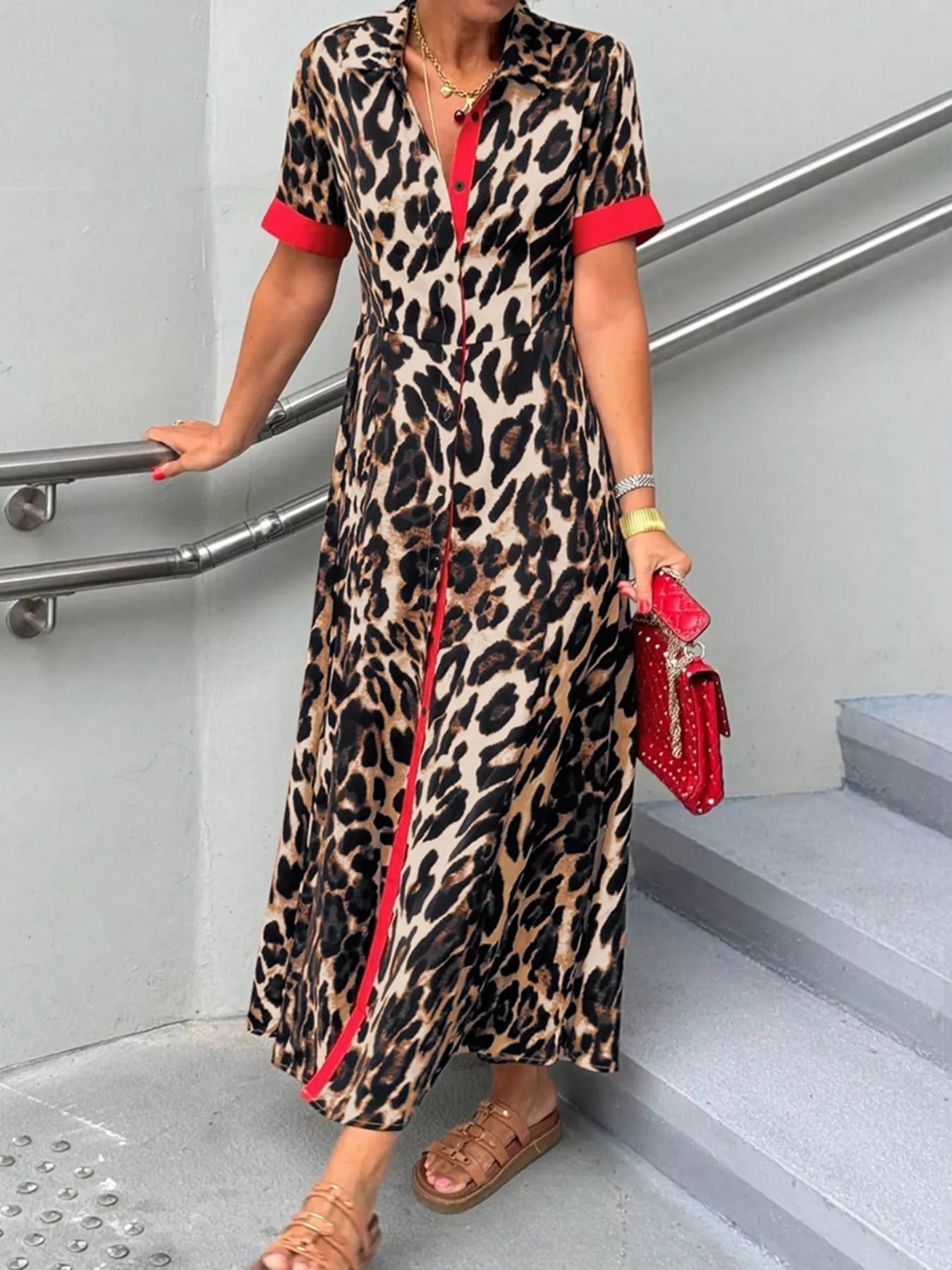 Leopard Print Button - Down Dress with Contrast Trim - MAD RUFFI