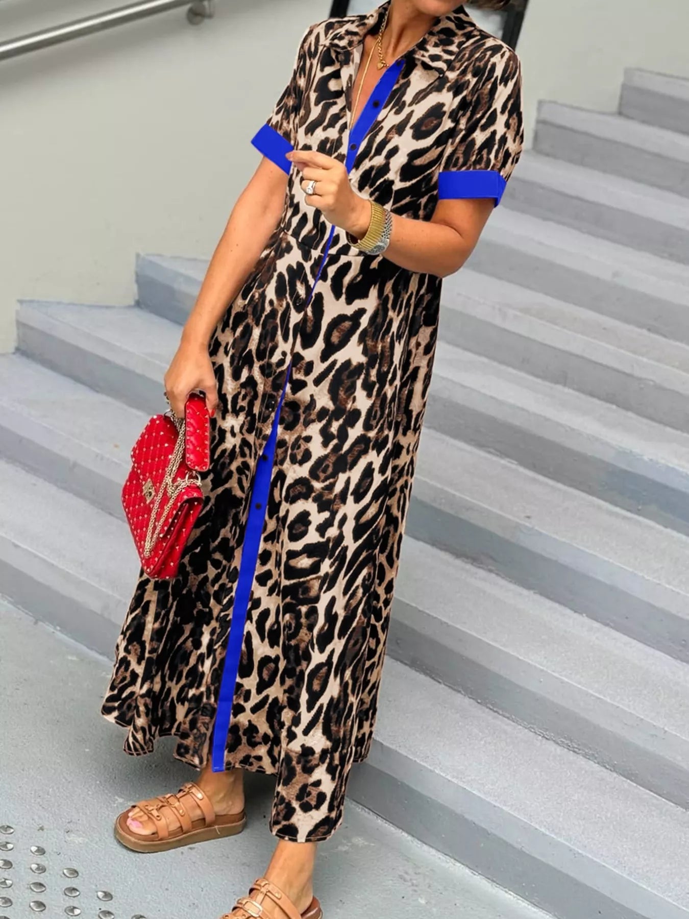 Leopard Print Button - Down Dress with Contrast Trim - MAD RUFFI