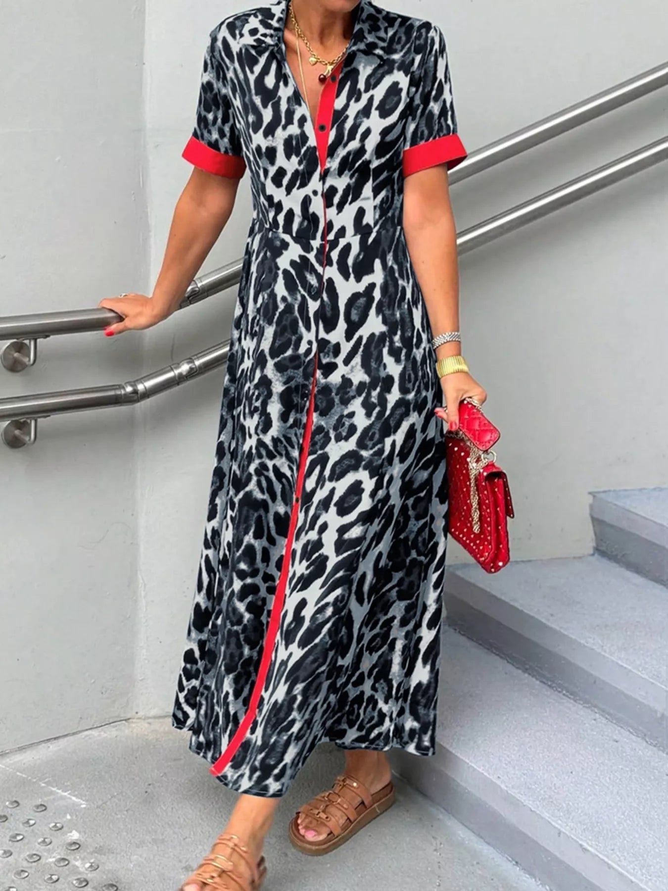 Leopard Print Button - Down Dress with Contrast Trim - MAD RUFFI