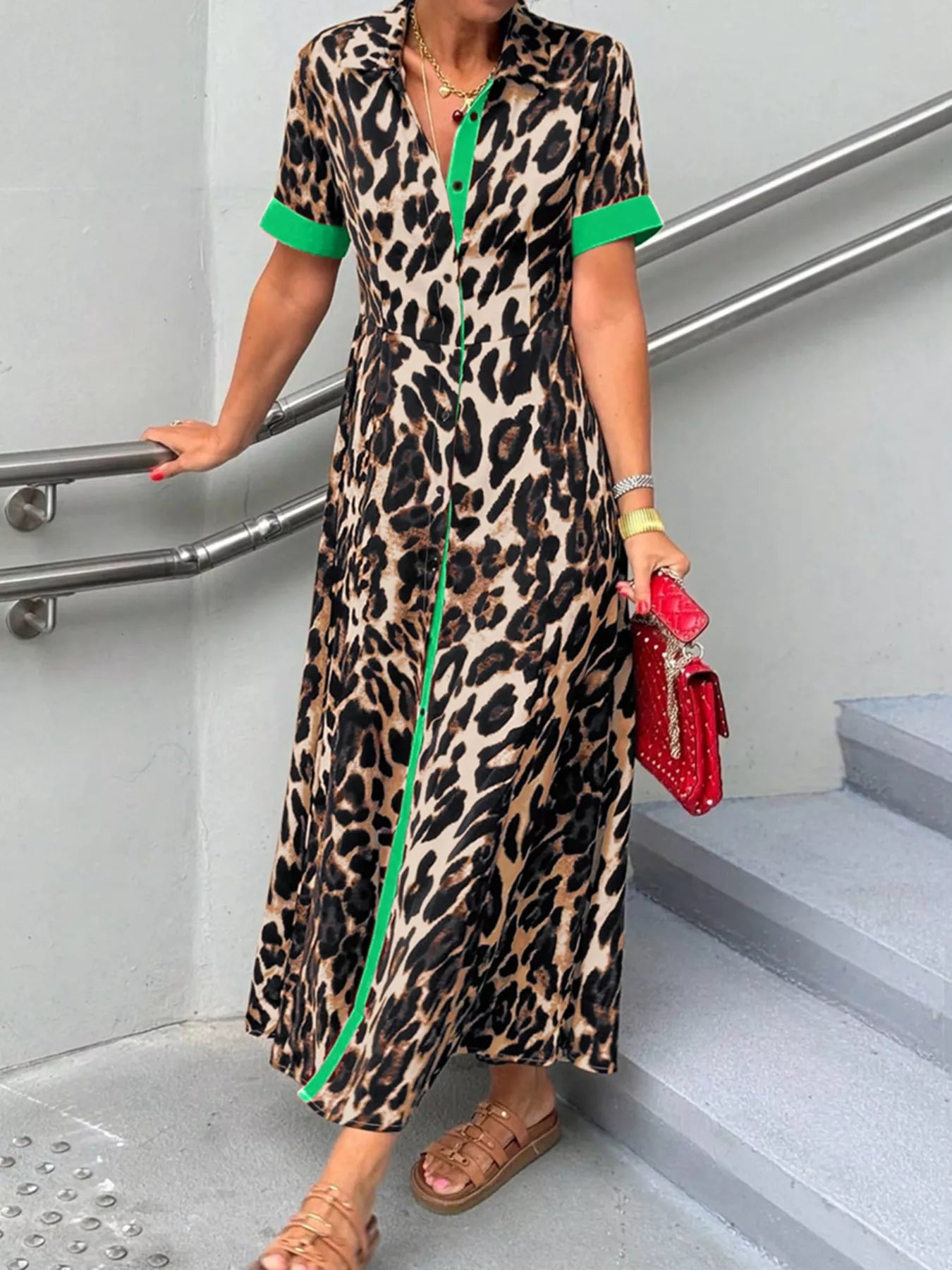 Leopard Print Button - Down Dress with Contrast Trim - MAD RUFFI