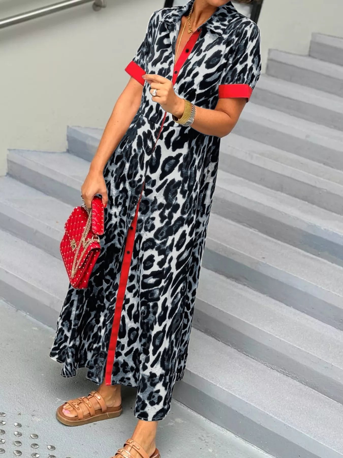 Leopard Print Button - Down Dress with Contrast Trim - MAD RUFFI