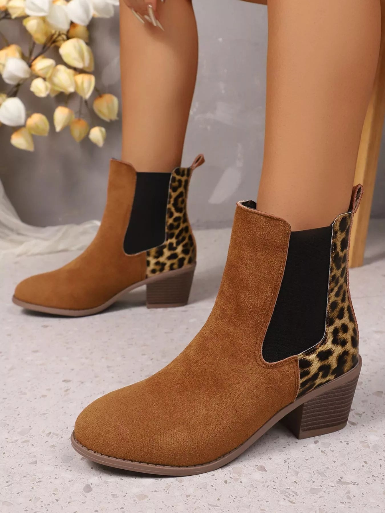 Leopard Print Chelsea Ankle Boots with Block Heel - MAD RUFFI