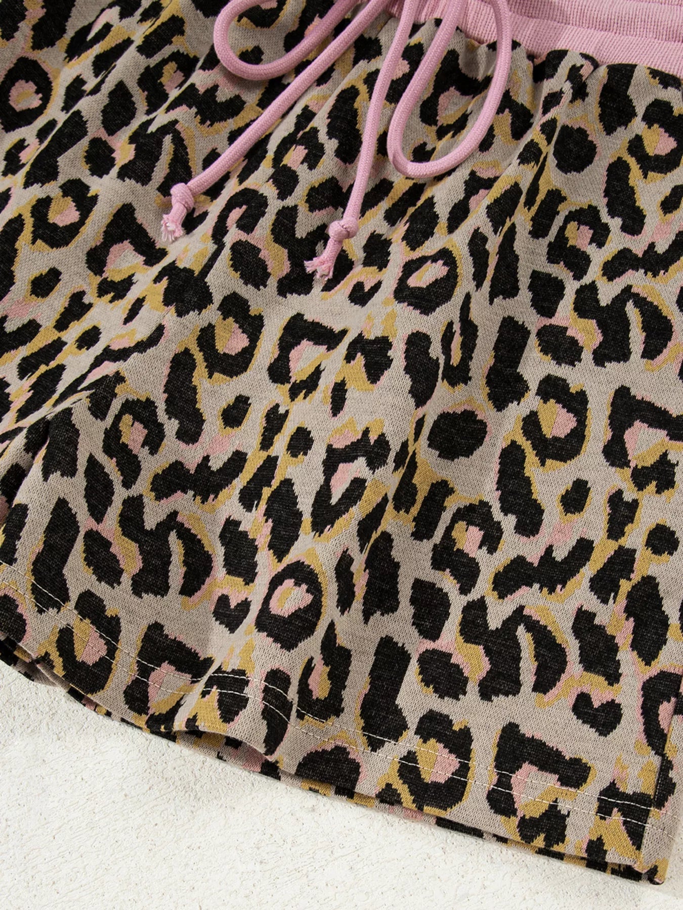 Leopard Print Contrast Edge Long Sleeve Pullover Shorts Set - MAD RUFFI