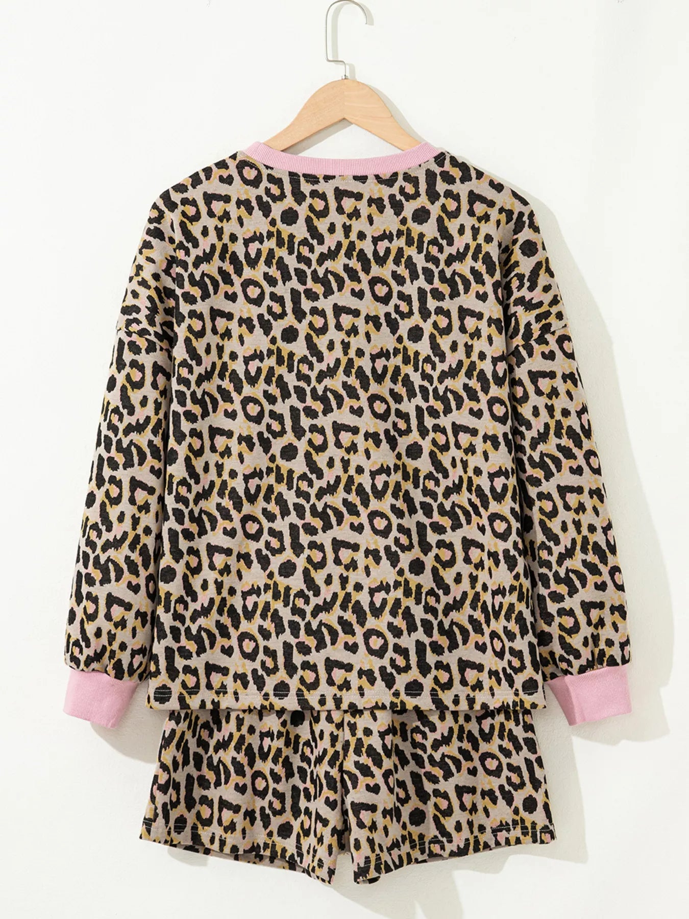 Leopard Print Contrast Edge Long Sleeve Pullover Shorts Set - MAD RUFFI