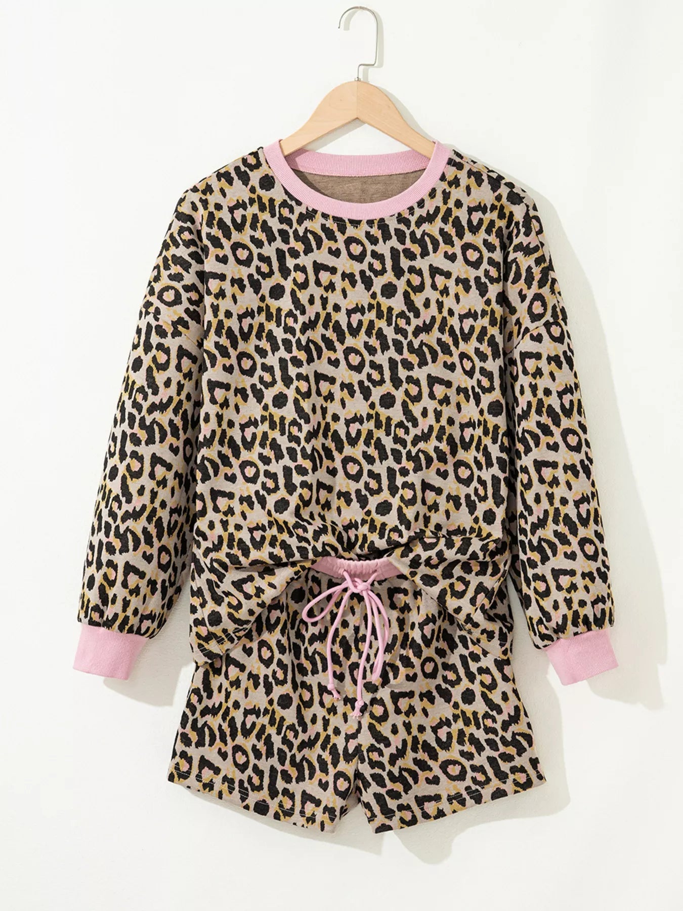 Leopard Print Contrast Edge Long Sleeve Pullover Shorts Set - MAD RUFFI