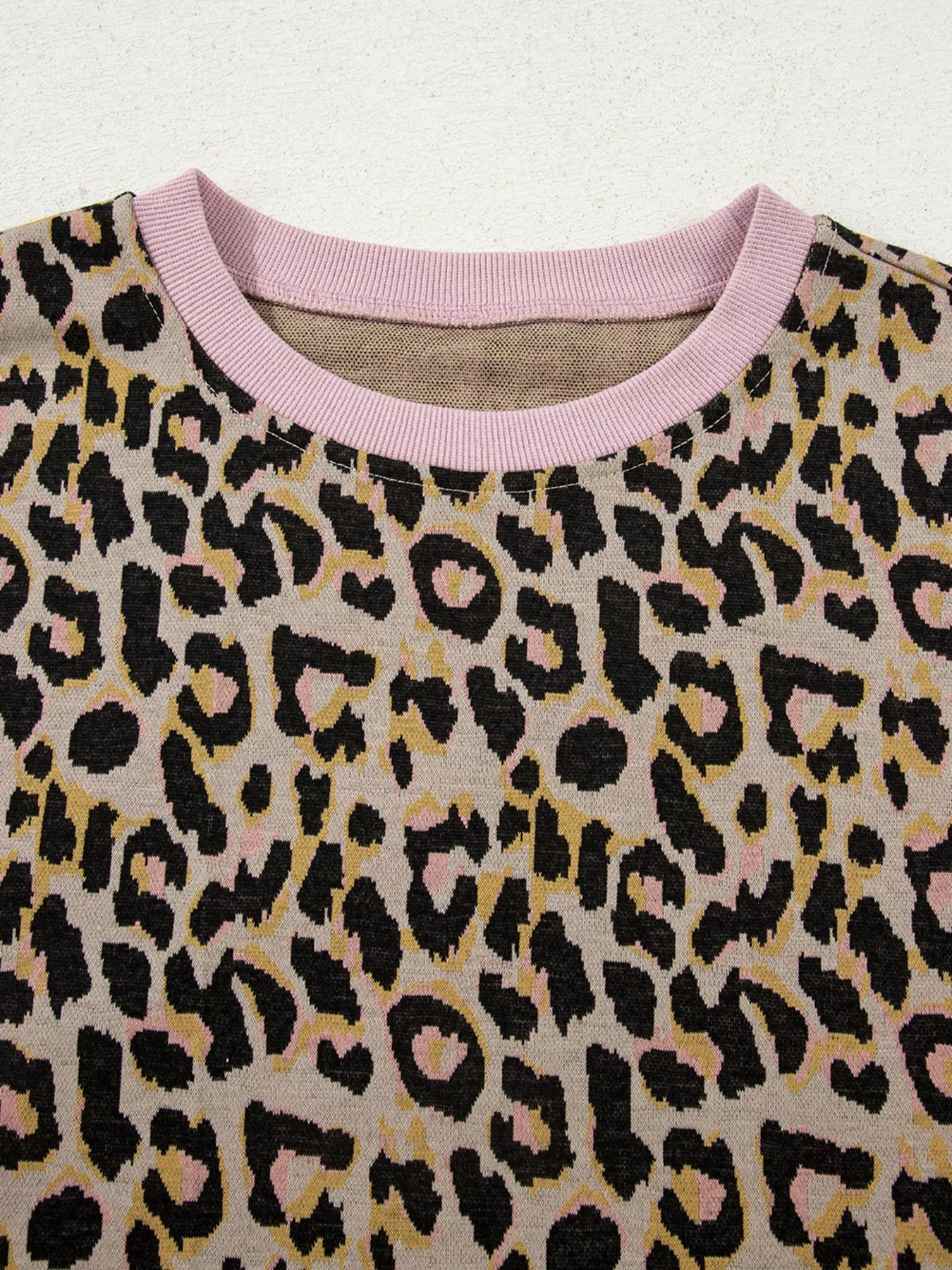 Leopard Print Contrast Edge Long Sleeve Pullover Shorts Set - MAD RUFFI