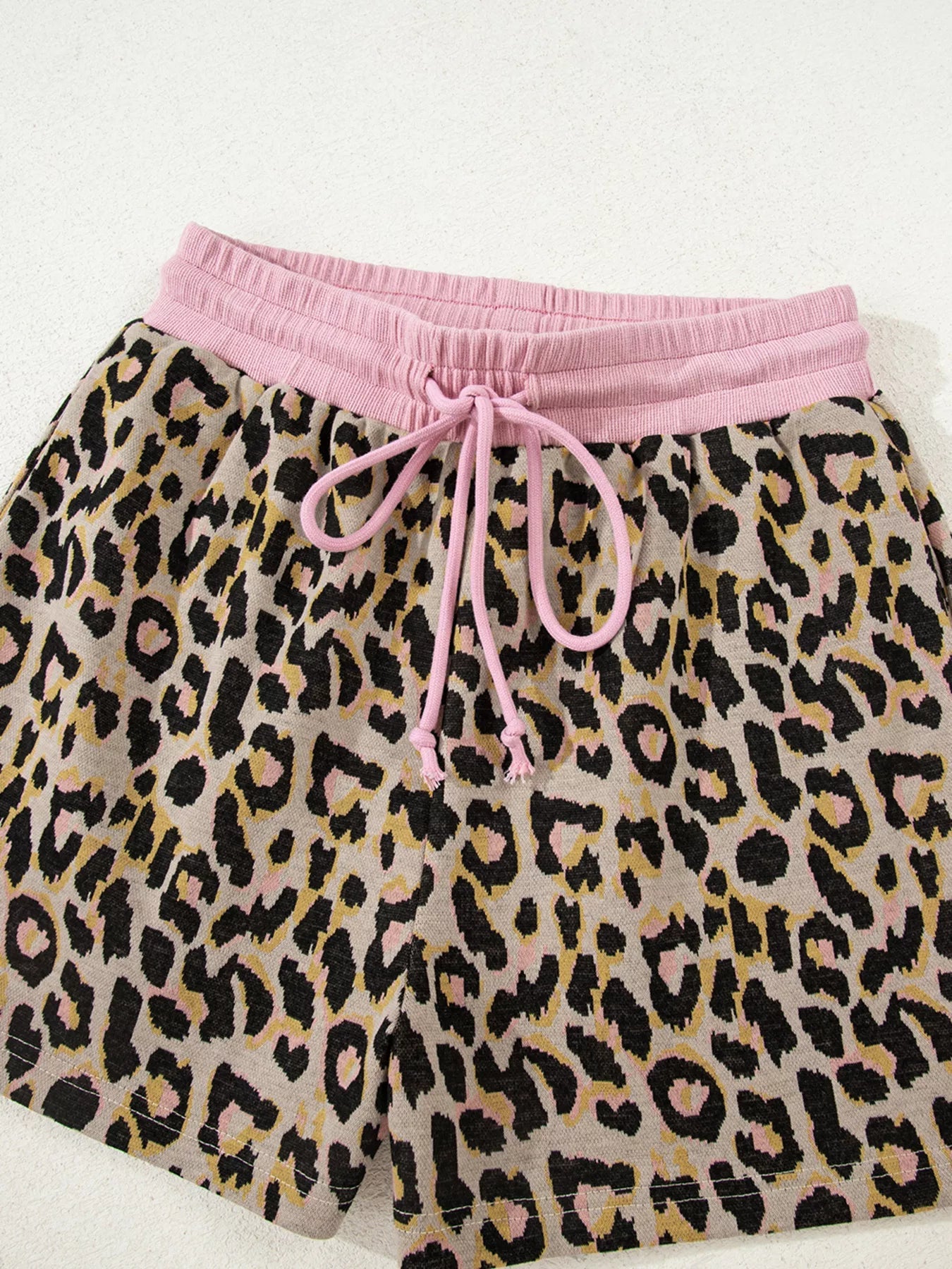 Leopard Print Contrast Edge Long Sleeve Pullover Shorts Set - MAD RUFFI