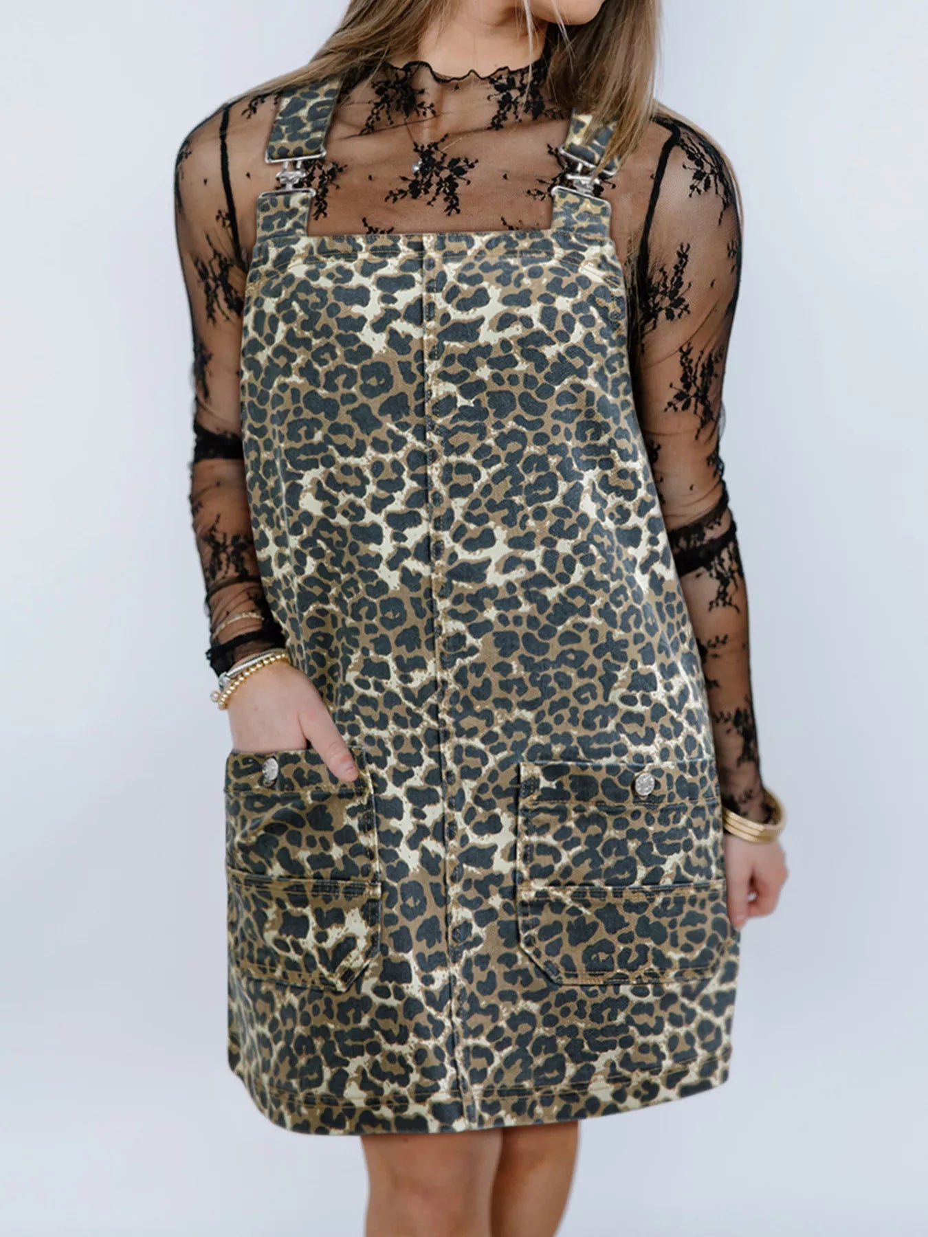 Leopard Print Denim Overall Dress - MAD RUFFI