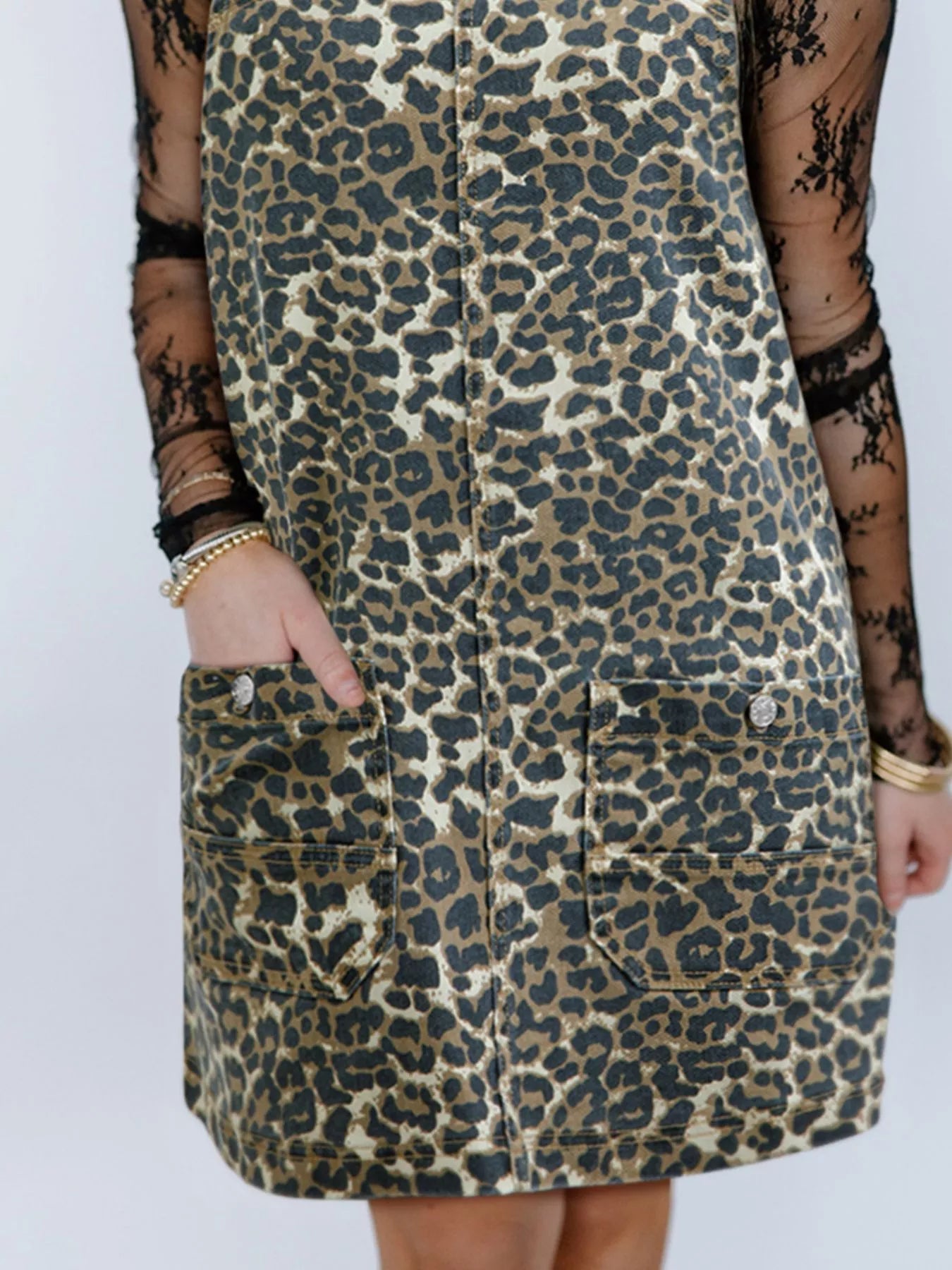 Leopard Print Denim Overall Dress - MAD RUFFI