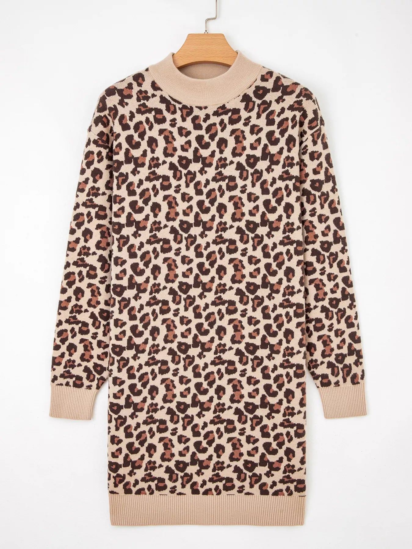 Leopard Print High Neck Shift Mini Sweater Dress - MAD RUFFI Leopard Print High Neck Shift Mini Sweater Dress - MAD RUFFI