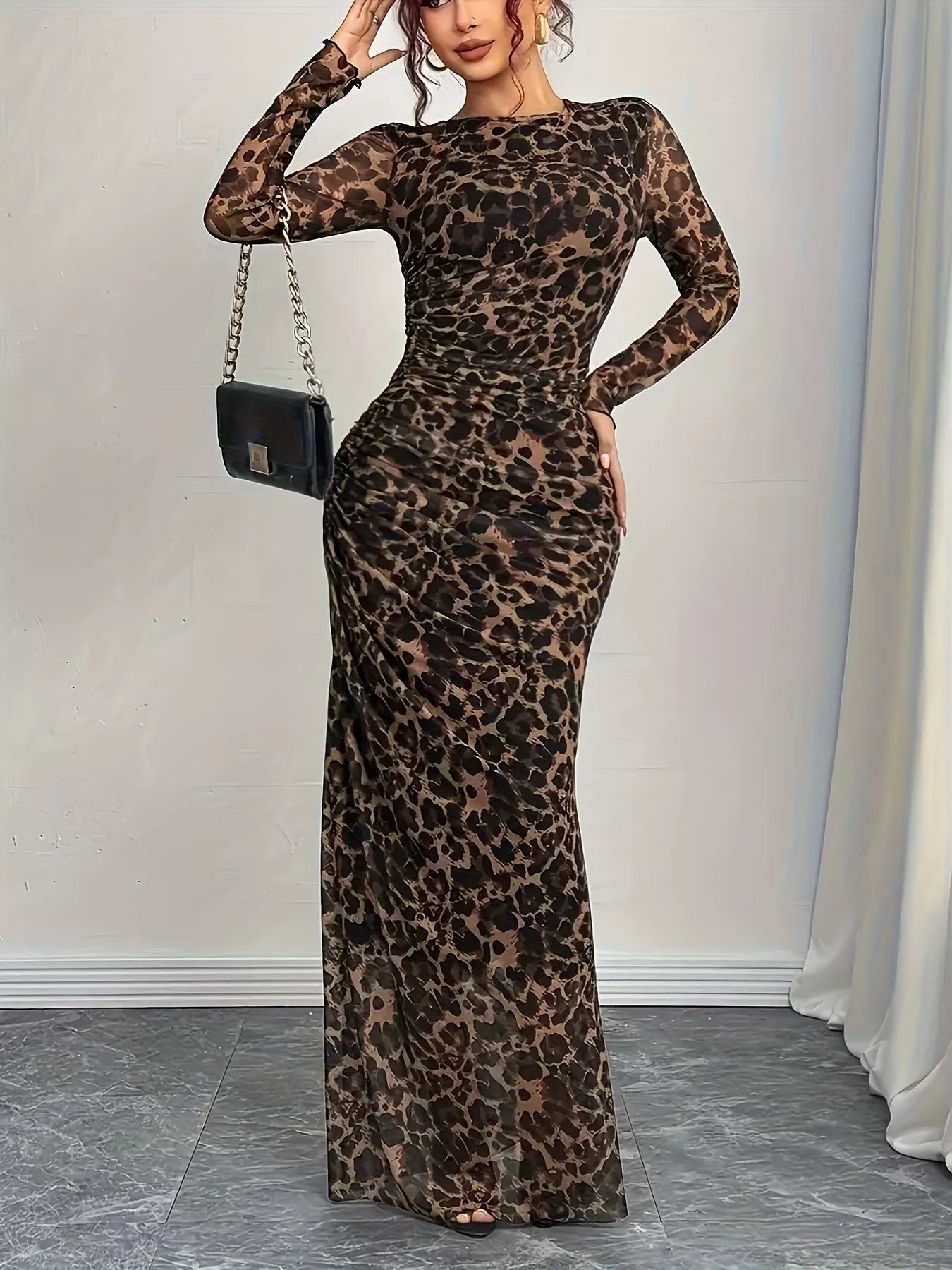 Leopard Print Long Sleeve Maxi Dress - MAD RUFFI