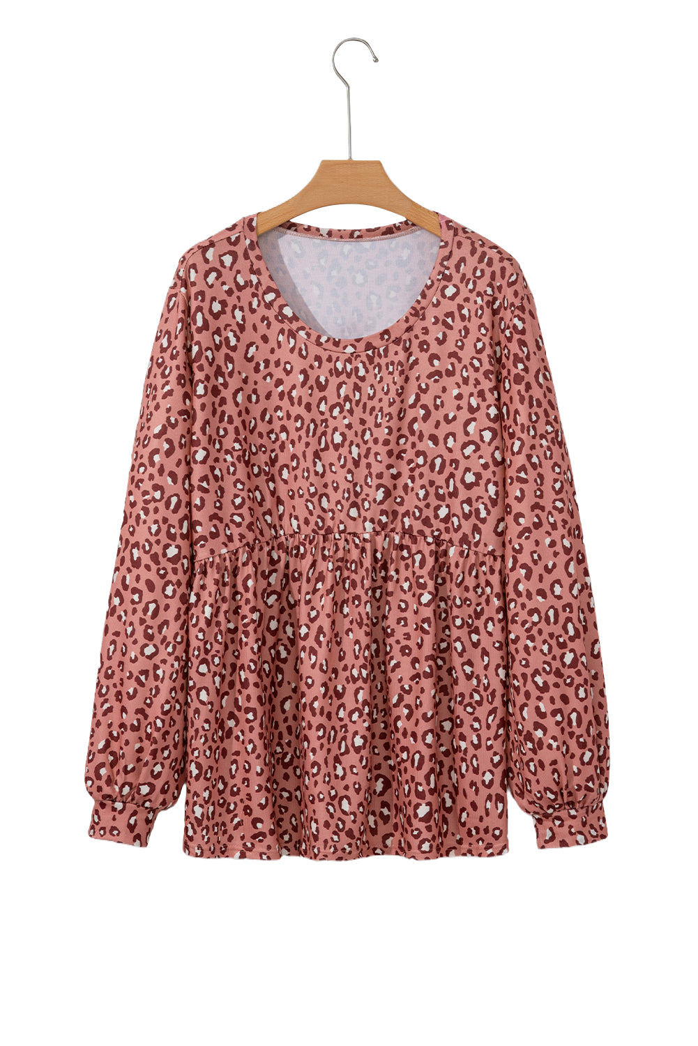 Leopard Print Long Sleeve Ruffled Babydoll Plus Size Blouse - Plus Size Tops