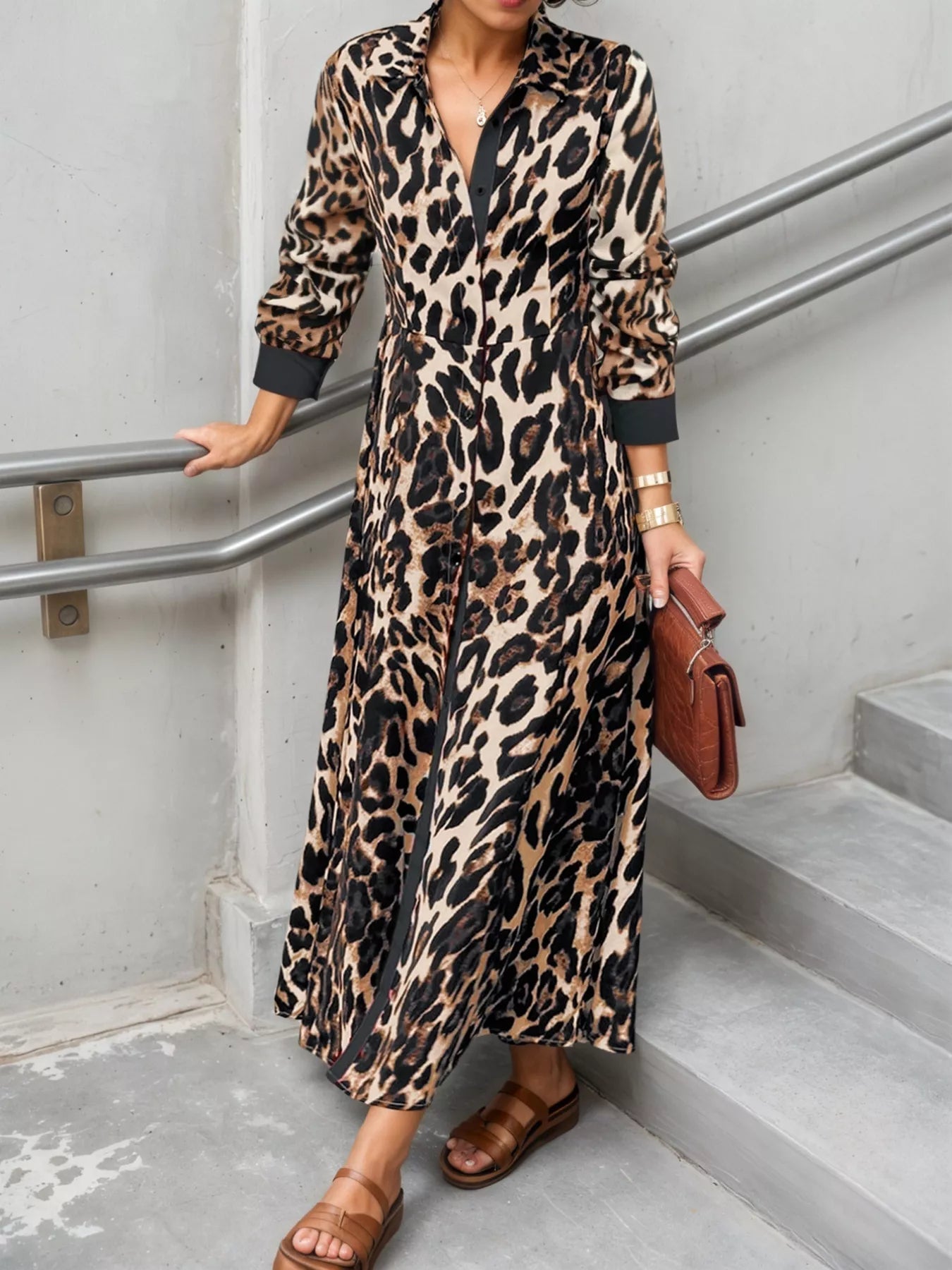 Leopard Print Long Sleeve Shirt Dress with Contrast Trim - MAD RUFFI