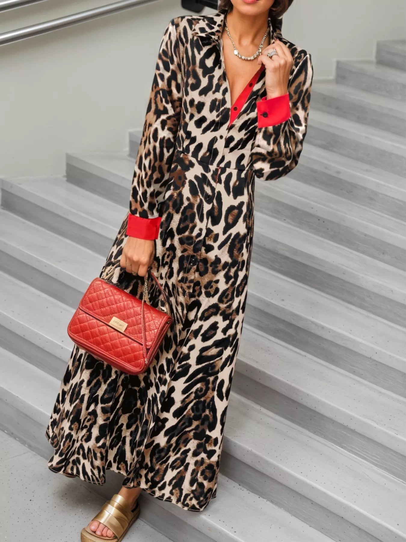 Leopard Print Long Sleeve Shirt Dress with Contrast Trim - MAD RUFFI