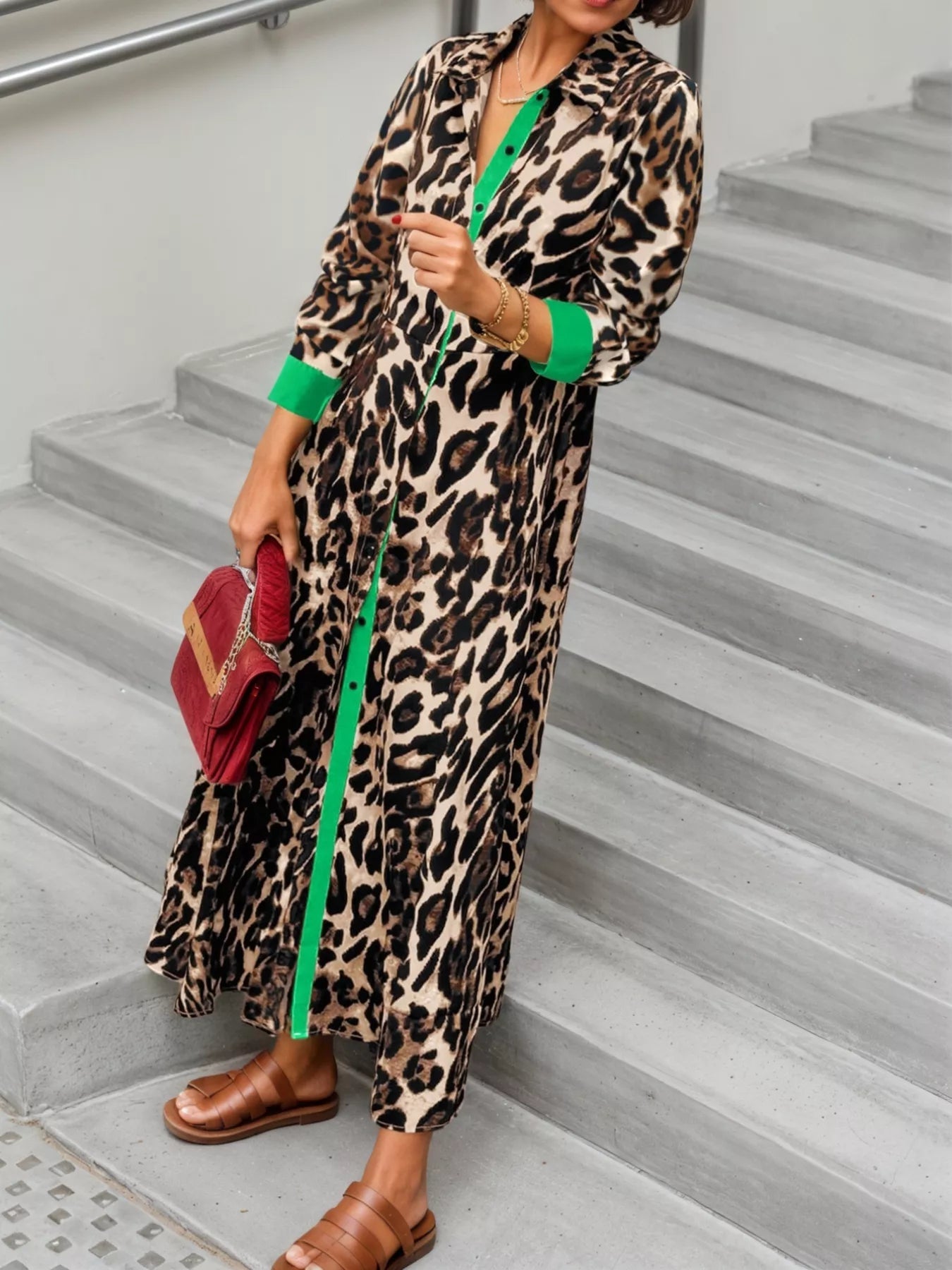 Leopard Print Long Sleeve Shirt Dress with Contrast Trim - MAD RUFFI